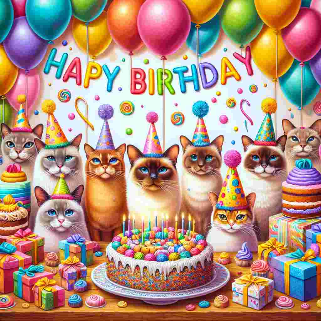 A whimsical illustration portraying a group of Burmese cats donning festive party hats. One of them holds a colorful balloon with 'Happy Birthday' cheerfully inscribed on it. This scene is set against a backdrop of a cake-laden table and wrapped gifts.
Generated with these themes: Burmese Birthday Cards.
Made with ❤️ by AI.