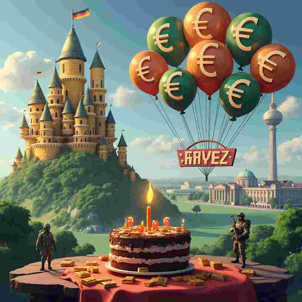 In the surreal landscape of this birthday card, the foreground features a whimsical castle made of oversized cryptocurrency coins, specifically Solana, stacked intricately to create shimmering towers and walls. The castle is set upon a floating island made of lush green euros and glistening gold bars. Above the castle, in the sky, a massive digital clock counts down, styled in the aesthetic of the game "Fortnite," giving a sense of excitement and urgency. 

Emerging from the horizon, a battalion of futuristic soldiers, straight out of "Call of Duty," march forward carrying flags that blend the Solana logo with the German flag's colors. Each soldier's uniform is emblazoned with euro symbols, tying together the themes of money and modern warfare.

In the background, the Berlin TV Tower (Fernsehturm) rises majestically, piercing through clouds that are shaped like balloons. These balloons spell out "Happy Birthday Fayez" in colorful, festive letters that seem to float effortlessly, like words suspended in mid-air.

Closer to the foreground, a traditional German cake, known as a Black Forest gâteau, sits on a table crafted from wooden logs shaped like Solana tokens. The cake is adorned with miniature Fortnite characters and Call of Duty weapons as decorations. A large birthday candle on top of the cake burns brightly, its flame reflecting off the gold bars beneath, adding an extra layer of sparkle to the scene.

Overall, this imaginative and richly detailed card encapsulates the essence of "Happy Birthday Fayez" within a surreal, yet oddly cohesive, celebration of Solana, money, Fortnite, Call of Duty, and Germany.
Generated with these themes: Solana, Money, Fortnight , Call of duty, and Germany.
Made with ❤️ by AI.