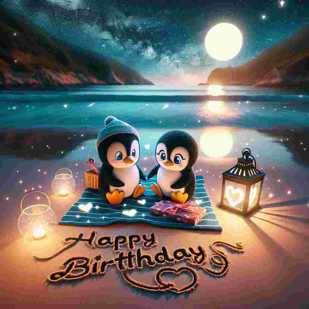 This enchanting illustration depicts a serene beach picnic under the night sky. A cartoon penguin duo snuggles on a blanket, a heart-shaped lantern glowing beside them. The message 'Happy Birthday' is drawn romantically in the sand, with the lapping waves reflecting the moon's glow, creating a dreamy scene for a boyfriend's special day.
Generated with these themes: romantic   for boyfriend.
Made with ❤️ by AI.