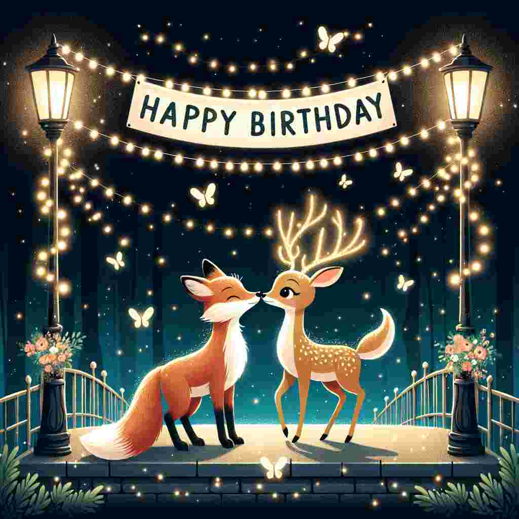 In this charming scene, a cartoon couple stands on a moonlit bridge surrounded by twinkling fireflies. The characters, a fox and a deer, share a gentle nose kiss. Above them, a banner drapes between lampposts with the words 'Happy Birthday' illuminated by fairy lights, adding a touch of romance to the boyfriend's celebration.
Generated with these themes: romantic   for boyfriend.
Made with ❤️ by AI.