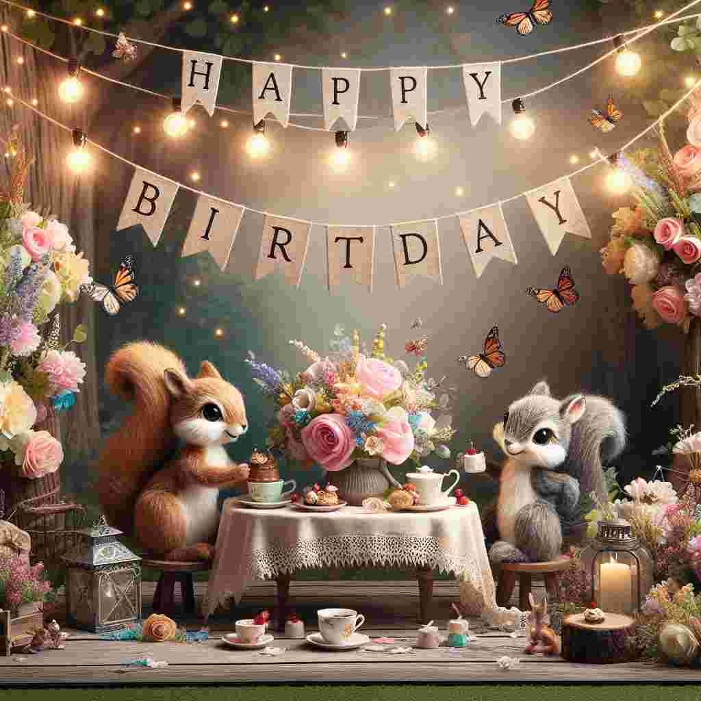 The scene is set in a quaint garden, where a couple of animated squirrels are having a tea party. Floral arrangements and string lights create a whimsical, romantic ambiance. A 'Happy Birthday' flag banner is draped across the top, with butterflies fluttering around, enhancing the love-filled celebration for a boyfriend's birthday.
Generated with these themes: romantic   for boyfriend.
Made with ❤️ by AI.