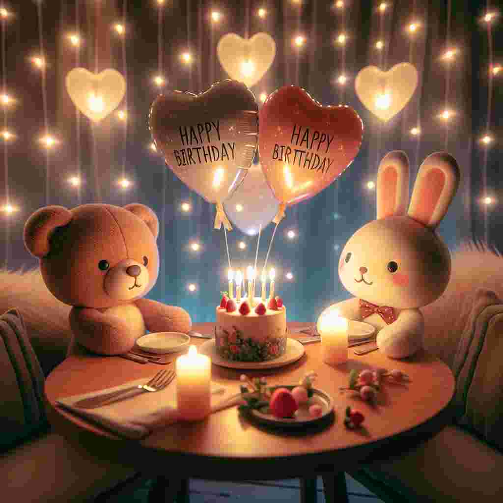 The illustration features a cozy candlelit dinner setting with two adorable cartoon animals, a bear and a rabbit, sitting at a table holding hands. Heart-shaped balloons float above as soft, warm lighting highlights a small cake with a 'Happy Birthday' topper. The stars twinkle romantically in the background, creating an intimate atmosphere perfect for a boyfriend's birthday.
Generated with these themes: romantic   for boyfriend.
Made with ❤️ by AI.
