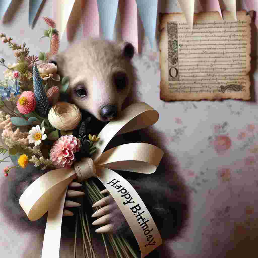 A heartwarming tableau of a bear holding a bouquet of assorted flowers, with 'Happy Birthday' inscribed on a scroll-like ribbon entwined in the stems, all set against a backdrop of soft party streamers.
Generated with these themes:  flower .
Made with ❤️ by AI.