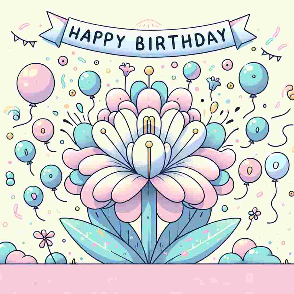 A pastel-colored illustration with a large, whimsical flower taking center stage, surrounded by a cluster of balloons and confetti. A banner above the flower cheerily proclaims 'Happy Birthday' in a playful font.
Generated with these themes:  flower .
Made with ❤️ by AI.