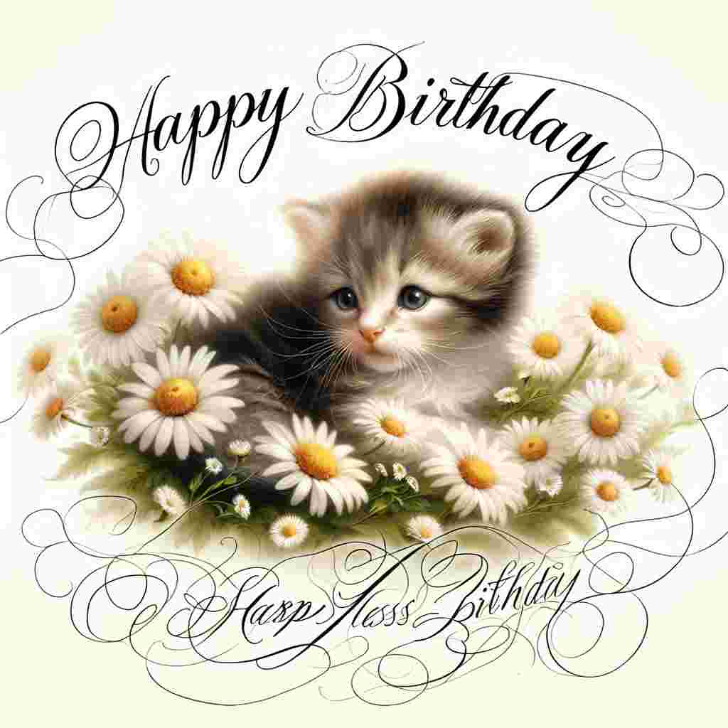 An endearing scene depicting a small kitten nestled among a bed of daisies, with the words 'Happy Birthday' curled around the stems in elegant cursive, evoking a feeling of warmth and celebration.
Generated with these themes:  flower .
Made with ❤️ by AI.
