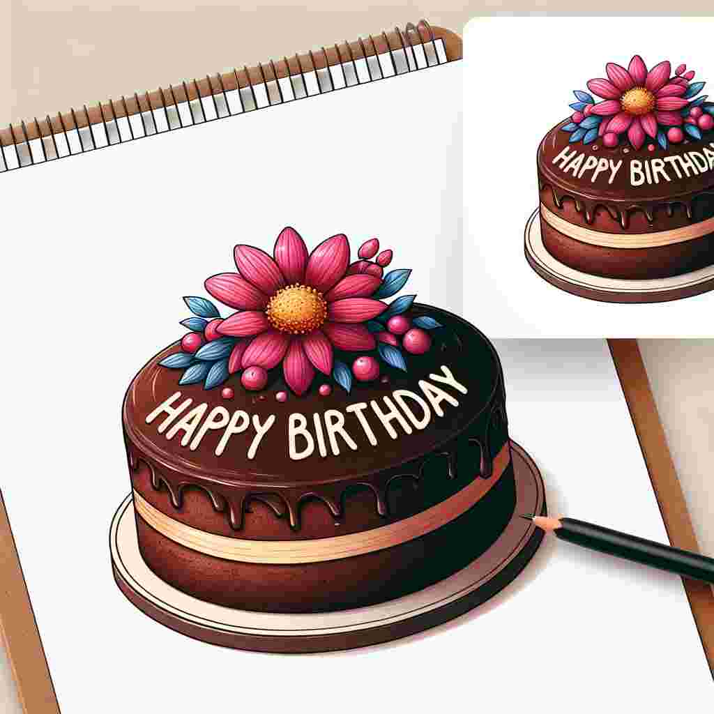 A charming illustration featuring a chocolate cake topped with a single vibrant flower, with 'Happy Birthday' icing-drizzled across the cake in bold, festive lettering.
Generated with these themes:  flower .
Made with ❤️ by AI.