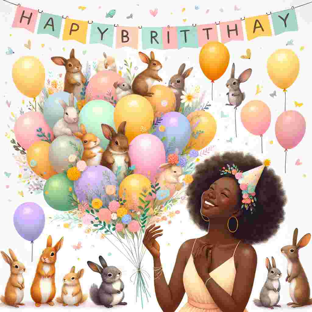 A cheerful illustration depicts a female character holding a bouquet of pastel-colored balloons, surrounded by a group of adorable animals wearing party hats. A banner above reads 'Happy Birthday' in whimsical, colorful letters.
Generated with these themes: female  .
Made with ❤️ by AI.