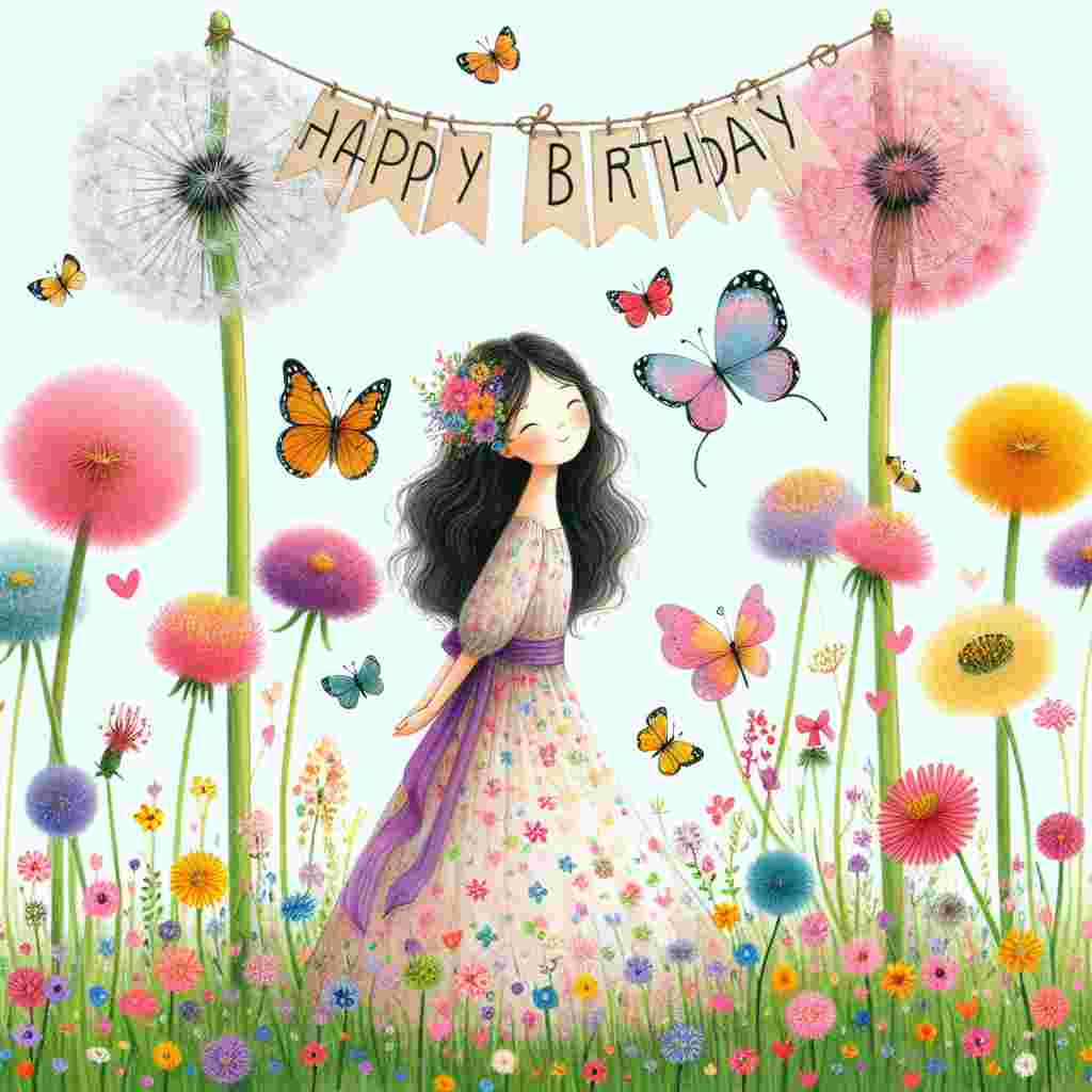 A quaint illustration captures a woman in a flowy dress standing in a meadow filled with flowers. She is surrounded by fluttering butterflies with a 'Happy Birthday' sign swaying gently above her head, strung between two dandelions.
Generated with these themes: female  .
Made with ❤️ by AI.