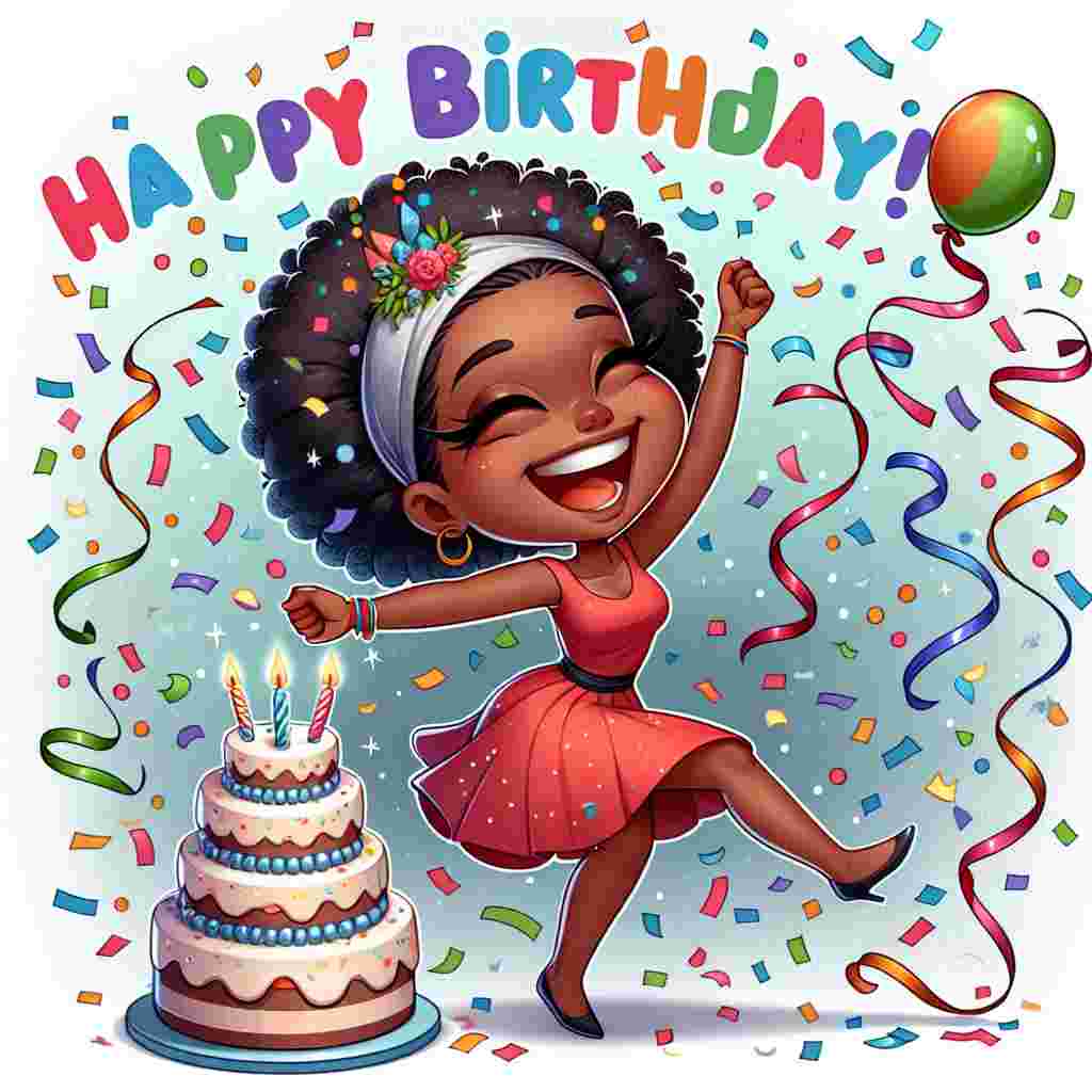 The scene features a female cartoon figure dancing amidst a shower of confetti and streamers. She has a bright smile and holds a birthday cake in one hand. Above her, the words 'Happy Birthday' are displayed in a playful, bold font.
Generated with these themes: female  .
Made with ❤️ by AI.