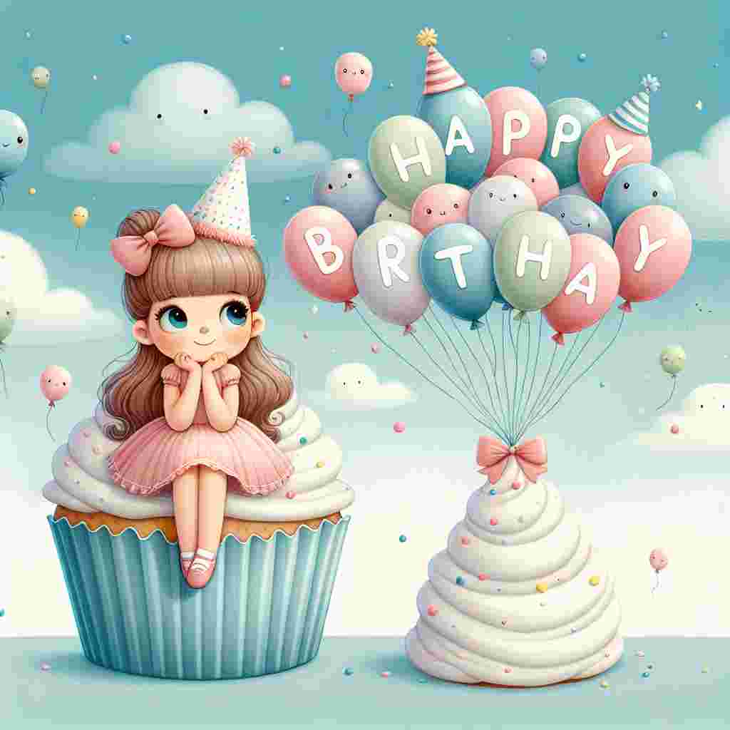 An endearing drawing shows a young girl sitting atop a giant, frosted cupcake. She wears a festive birthday hat, and behind her, 'Happy Birthday' is spelled out with cute letter-shaped balloons floating in the sky.
Generated with these themes: female  .
Made with ❤️ by AI.
