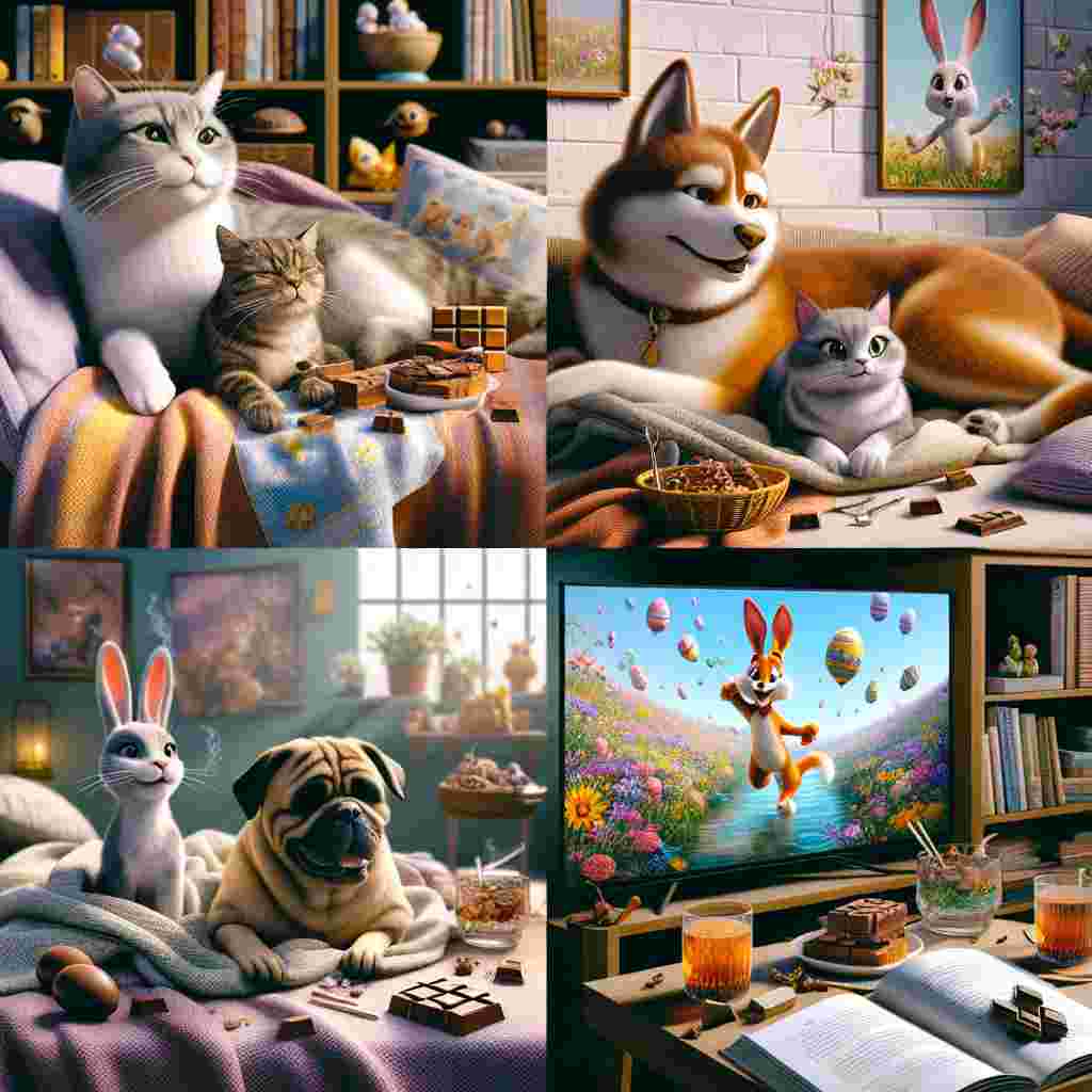 Create an image of a serene Easter-themed setting with realistic cats and dogs lounging comfortably on plush blankets. The room is filled with the aroma of chocolate and an array of colorful sweets associated with the holiday. Each pet has a hot water bottle near them, adding to the tranquil atmosphere. The tranquility is further amplified by the soft melody emerging from a nearby music instrument. On the television, animated characters are on their fun-filled Easter adventures, intriguing both pets and humans. Lastly, a cozy reading corner filled with books invites literature enthusiasts to either indulge in their chosen novel or begin crafting their own tale.
Generated with these themes: Cats, Dogs, Chocolate, Sweets, Hot water bottles, Blankets, Listening to music, Watching TV, Watching movies, Writing stories, and Reading.
Made with ❤️ by AI.