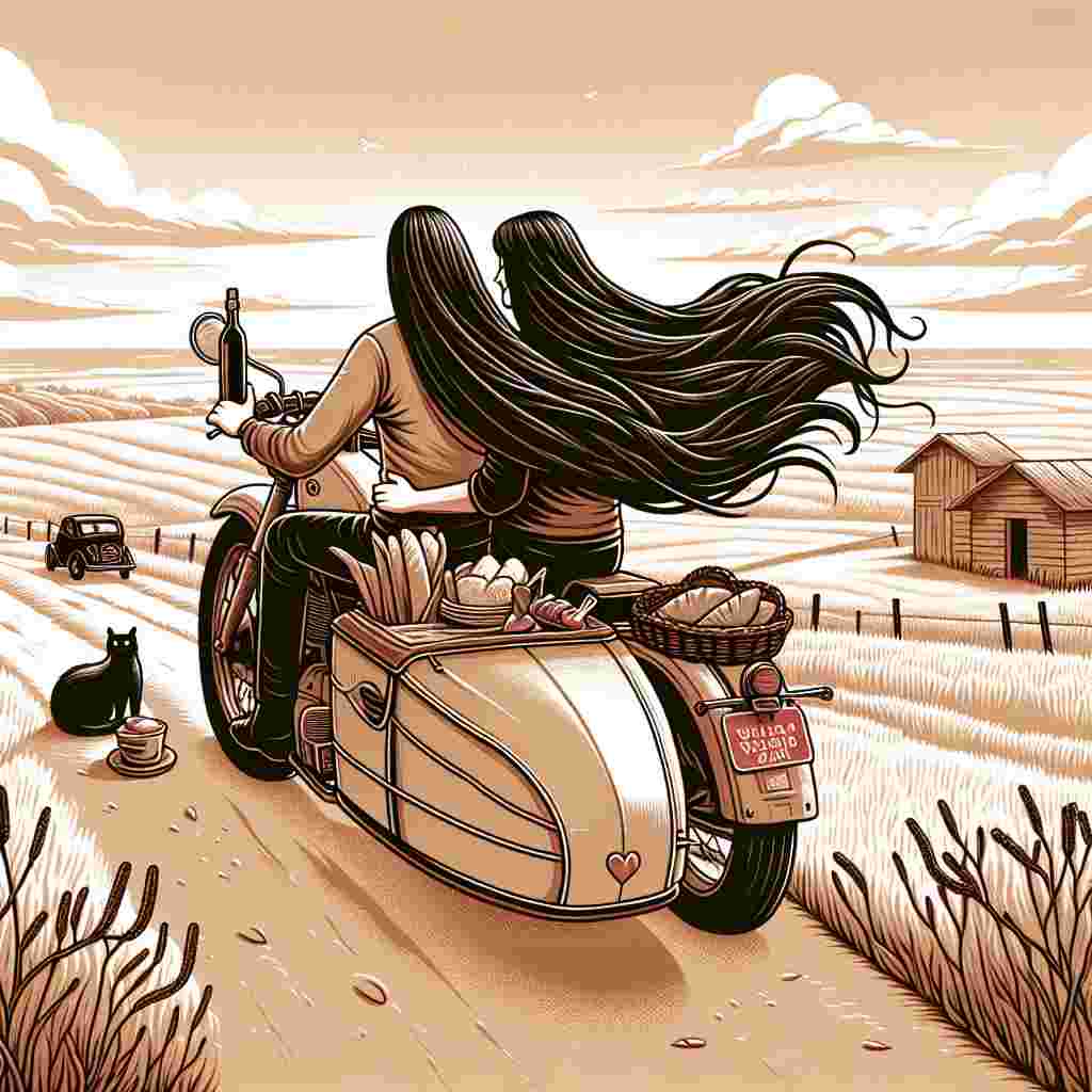 Create a touching Valentine's Day illustration featuring a long-haired couple, of unspecified descent, enjoying a motorbike journey. They have paused at a scenic location with an expansive sky, giving a clear indication of the travel theme. The couple's sidecar is loaded with delicious food and a nondescript bottle, a subtle hint at a romantic picnic. Their long, dark hair flutters in the wind, symbolizing motion and liberty. In the backdrop, a curious black cat peeks out from a comfortable nook, adding a dash of charm to the overall design.
Generated with these themes: Motorbike, Travel, Long dark hair, Jamesons, Black cat, and Food.
Made with ❤️ by AI.