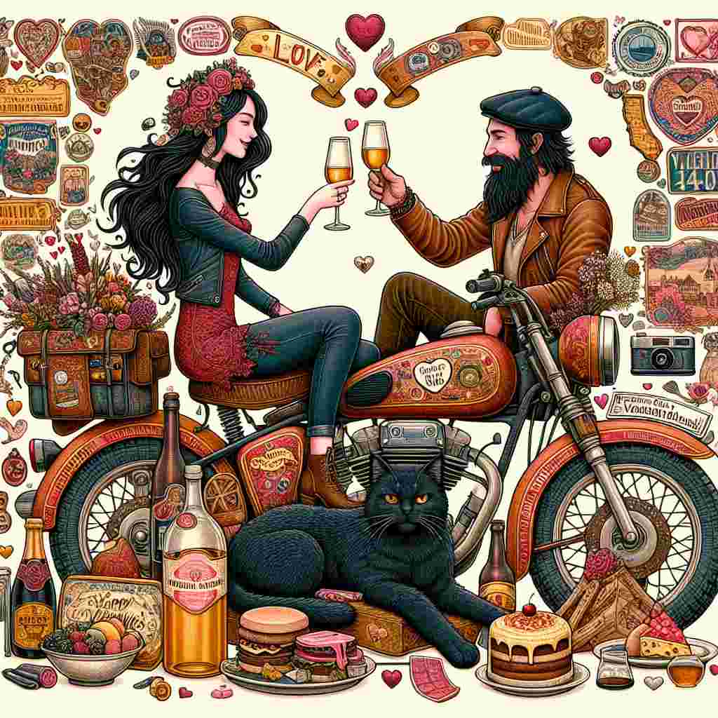 Create a romantic and charming Valentine's Day illustration. The scene should depict a richly detailed vintage motorbike that is decorated with eclectic travel stickers from various global destinations. In the center, there is a couple, both with long dark hair and of differing DESCENTS, sharing a toast with glasses filled with an unspecified, amber-colored liquid. A black cat exuding an air of relaxation and companionship lounges comfortably on the motorbike's seat. Surrounding them is an indulgent spread of delicious food, symbolizing celebration and joy.
Generated with these themes: Motorbike, Travel, Long dark hair, Jamesons, Black cat, and Food.
Made with ❤️ by AI.