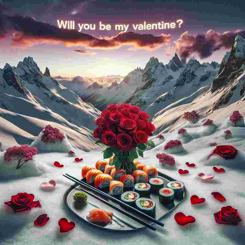 Create a surreal scene for Valentine's Day with an element of unpredictability and awe. Visualize an alpine landscape under the twilight of the setting sun, where the snow-capped mountains cast unusual shadows over the terrain. Imagine a bouquet of roses mysteriously sprouting from the fresh, white snow, introducing lively hues and a romantic touch to the usually cold environment. At the center of this scenario, envision a carefully arranged sushi meal laid out for a romantic occasion. Above this extraordinary scenario, the phrase 'Will you be my Valentine?' stands out in the sky, unifying the scene with a whimsical and affectionate sentiment.
Generated with these themes: Snow covered mountains, Sunset, Roses , Romantic, Sushi, and Text: will you be my valentine?.
Made with ❤️ by AI.