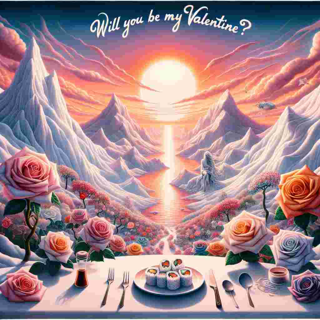 An illustration imbued with a sense of surrealism, themed around Valentine's Day. The environment consists of mountains draped in snow, reflecting the warm hues of a setting sun. From the white expanse, a multitude of roses spring forth in vivid and ethereal colors, symbolizing enduring love. In the foreground, a whimsically arranged table for two boasts an assortment of sushi, signifying a romantic, intimate meal. The scene is completed with the text, 'Will you be my Valentine?' scripted in a dreamlike manner, hovering over the scene, inviting the viewer to partake in this romantic moment.
Generated with these themes: Snow covered mountains, Sunset, Roses , Romantic, Sushi, and Text: will you be my valentine?.
Made with ❤️ by AI.