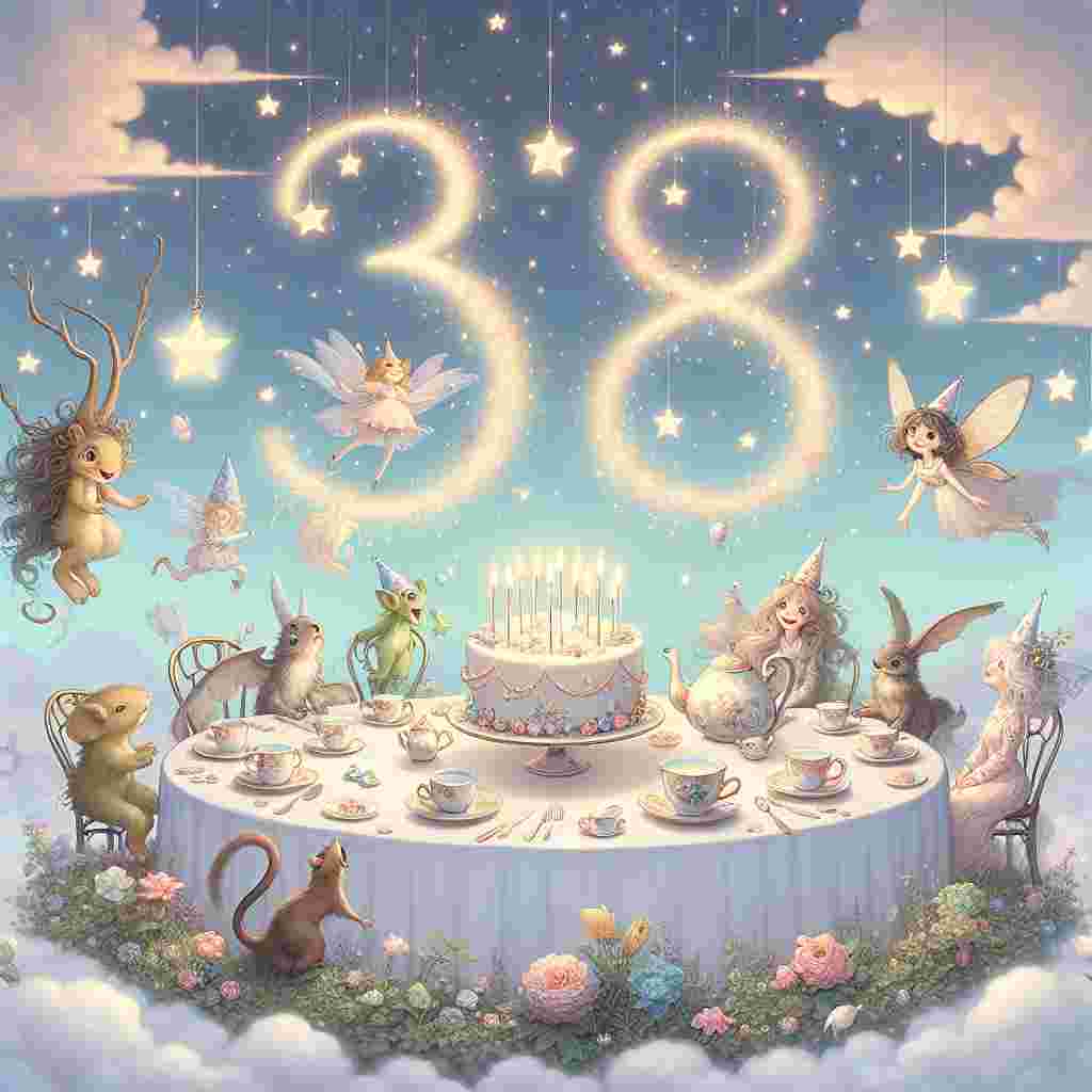 A cute illustration featuring a fantasy tea party theme. The backdrop is a soft, dreamy sky with floating clouds and the '38th' displayed in the stars. On a floating table, elegant teacups and a delicate cake with candles spell out 'Happy Birthday', while fairy tale creatures are seated around, celebrating.
Generated with these themes: 38th  .
Made with ❤️ by AI.