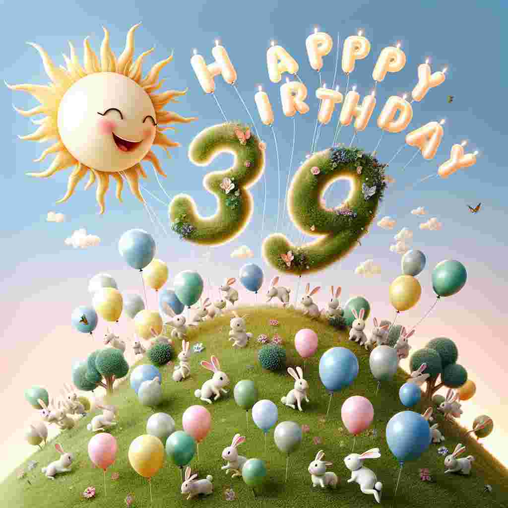 A delightful birthday scene set in a whimsical garden. 'Happy Birthday' is spelled out in cheerful, balloon letters floating in the sky above a giggling sun. The number '38th' is cleverly designed as part of the landscape, with each digit being a small hill that playful bunnies are hopping over.
Generated with these themes: 38th  .
Made with ❤️ by AI.