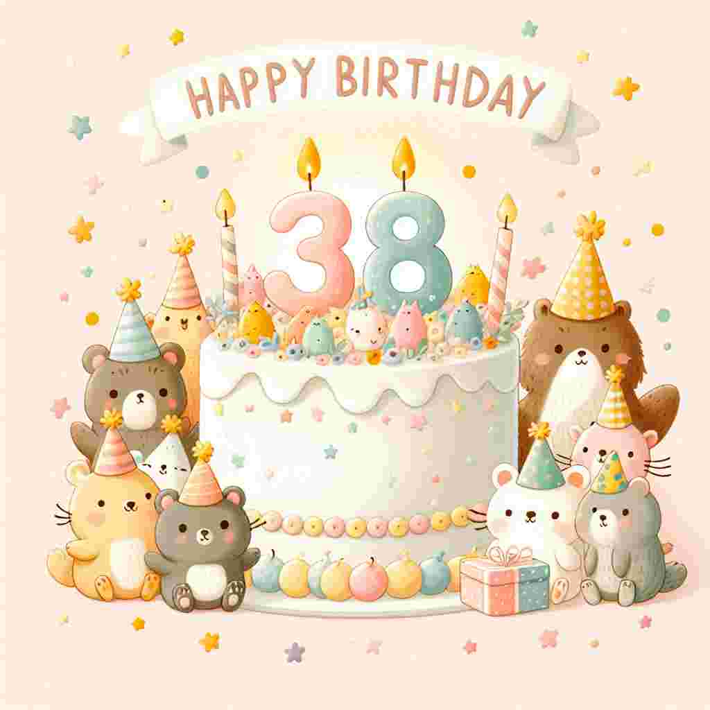 A charming illustration showcasing a cozy birthday celebration. The scene features a pastel color palette with a whimsical cake, decorated with the number '38th' elegantly perched on top. Surrounding the cake are adorable animal characters wearing party hats, all gathered around to wish a warm 'Happy Birthday'.
Generated with these themes: 38th  .
Made with ❤️ by AI.