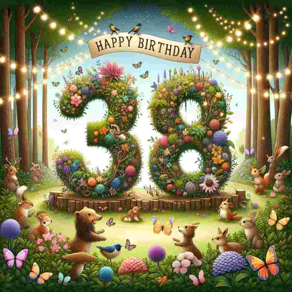 An adorable birthday illustration displaying a magical forest setting. At the center sits a large '38th' made of colorful flora, intertwined with fairy lights. Beneath the numbers, woodland creatures hold up a banner reading 'Happy Birthday', as butterflies and birds add a touch of liveliness to the scene.
Generated with these themes: 38th  .
Made with ❤️ by AI.