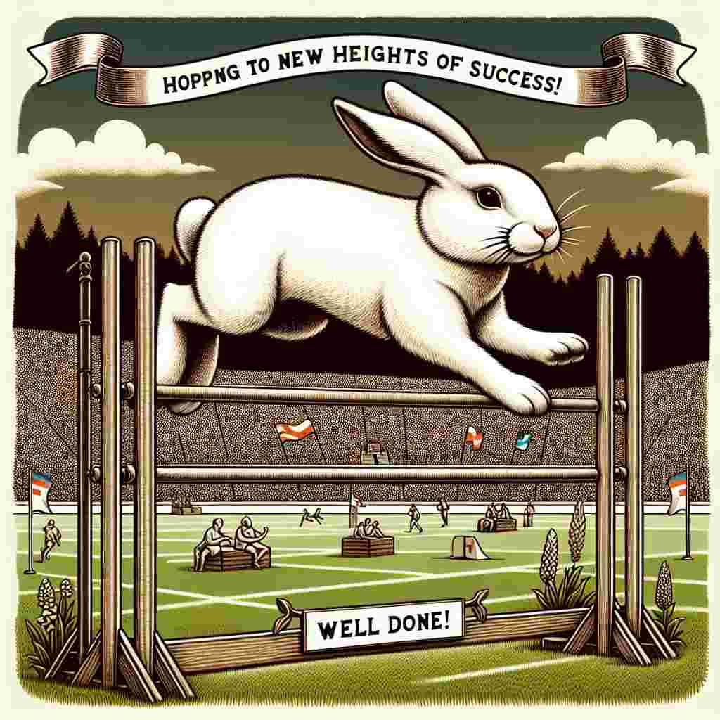 Create a delightful illustration of a white rabbit, notable for its prominent black nose, athletically leaping over a high bar meant to be reminiscent of the contests seen in athletic events. The environment alludes to high-spirited sports events. The illustration incorporates symbolism to suggest such an event without falling into copyright constraints; perhaps by having a field, spectators, and flags fluttering. Emphasize a banner at the top of the image that warmly exclaims, 'Hopping to New Heights of Success! Well Done!' highlighting the success of the rabbit and extending sincere congratulations to it.
Generated with these themes: White rabbit with black nose, Doing high jump, and Olympic games.
Made with ❤️ by AI.
