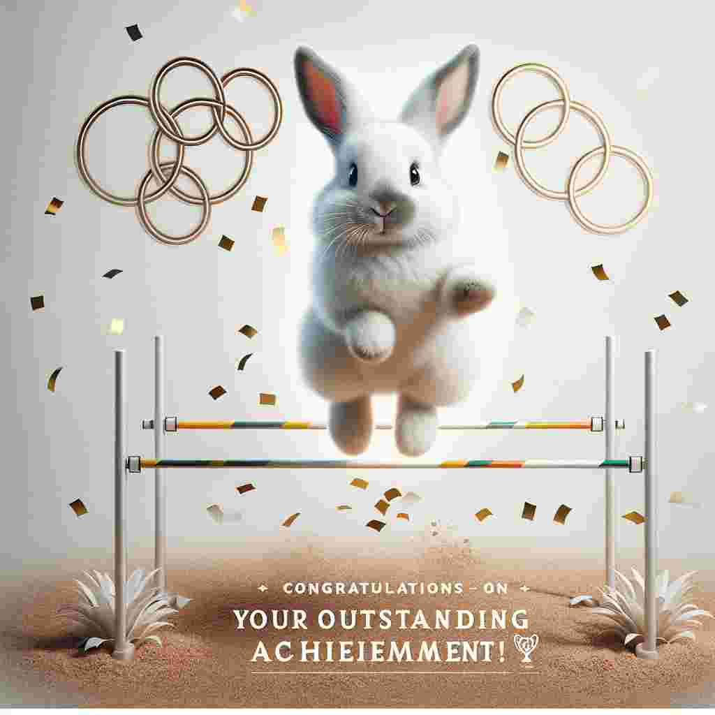 Visualize a delightful scene featuring an adorable white rabbit with a contrasting black nose. The rabbit is mid-leap over a high jump bar, showcasing agility and grace. The backdrop subtly emulates the spirit of a grand international games event, signified through five interlinked circles. To enhance the festive atmosphere, bits of confetti are fluttering in the air, symbolizing jubilation and victory. The ground beneath the rabbit carries a cheerful, bold text saying, 'Congratulations on Your Outstanding Achievement!', summing up the sentiments of achievement, triumph, and joy.
Generated with these themes: White rabbit with black nose, Doing high jump, and Olympic games.
Made with ❤️ by AI.