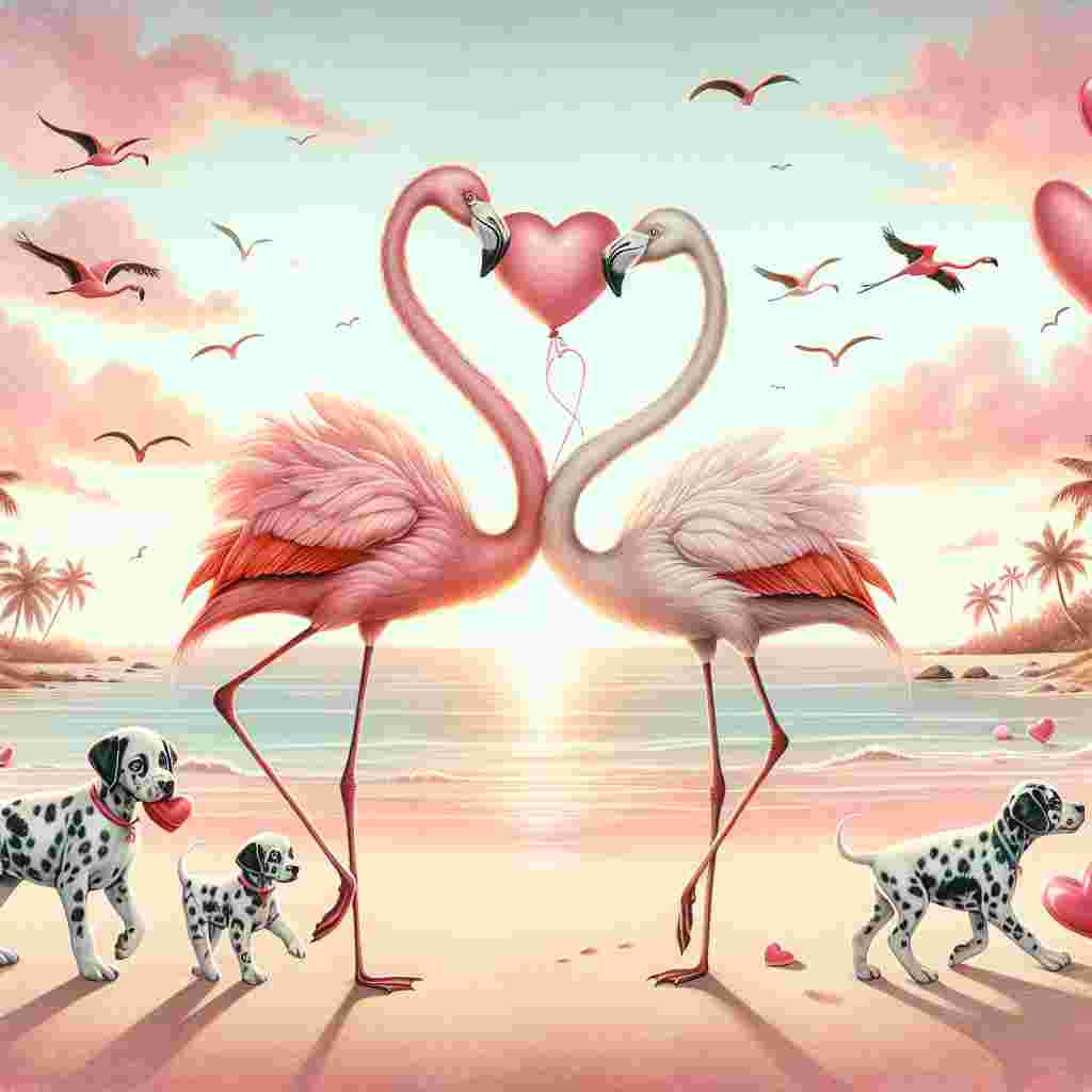 Create a romantic Valentine's Day inspired illustration showcasing a pair of flamingos, their necks intertwined in a heart shape against an idyllic beach backdrop at sunset. On the sandy beach, playful Dalmatian puppies frolic, some carrying heart-shaped balloons in their mouths. The sky above is painted in a soft palette of pink and orange hues, echoing the warm and loving atmosphere of the scene.
Generated with these themes: Flamingos , Dalmatians , and Beach.
Made with ❤️ by AI.