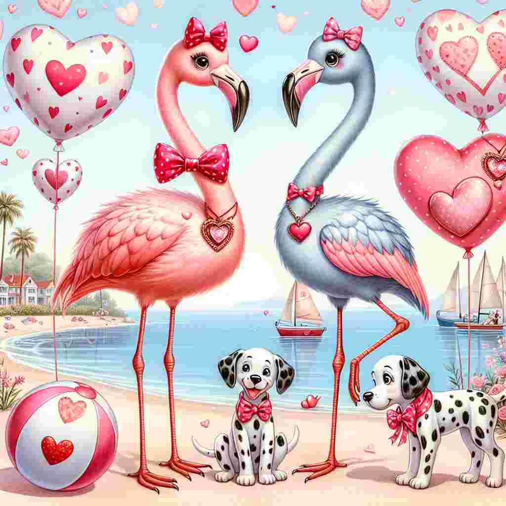 Create a delightful Valentine's Day themed illustration wherein two flamingos adorned with bow ties and heart-shaped lockets are standing serenely by a beach's waterfront. Surrounding them, there are playful Dalmatians featuring heart-shaped spots, cheerfully playing among beach balls patterned with hearts. This entire scenario should embody an atmosphere of whimsy and adoration, making it fit for the holiday.
Generated with these themes: Flamingos , Dalmatians , and Beach.
Made with ❤️ by AI.