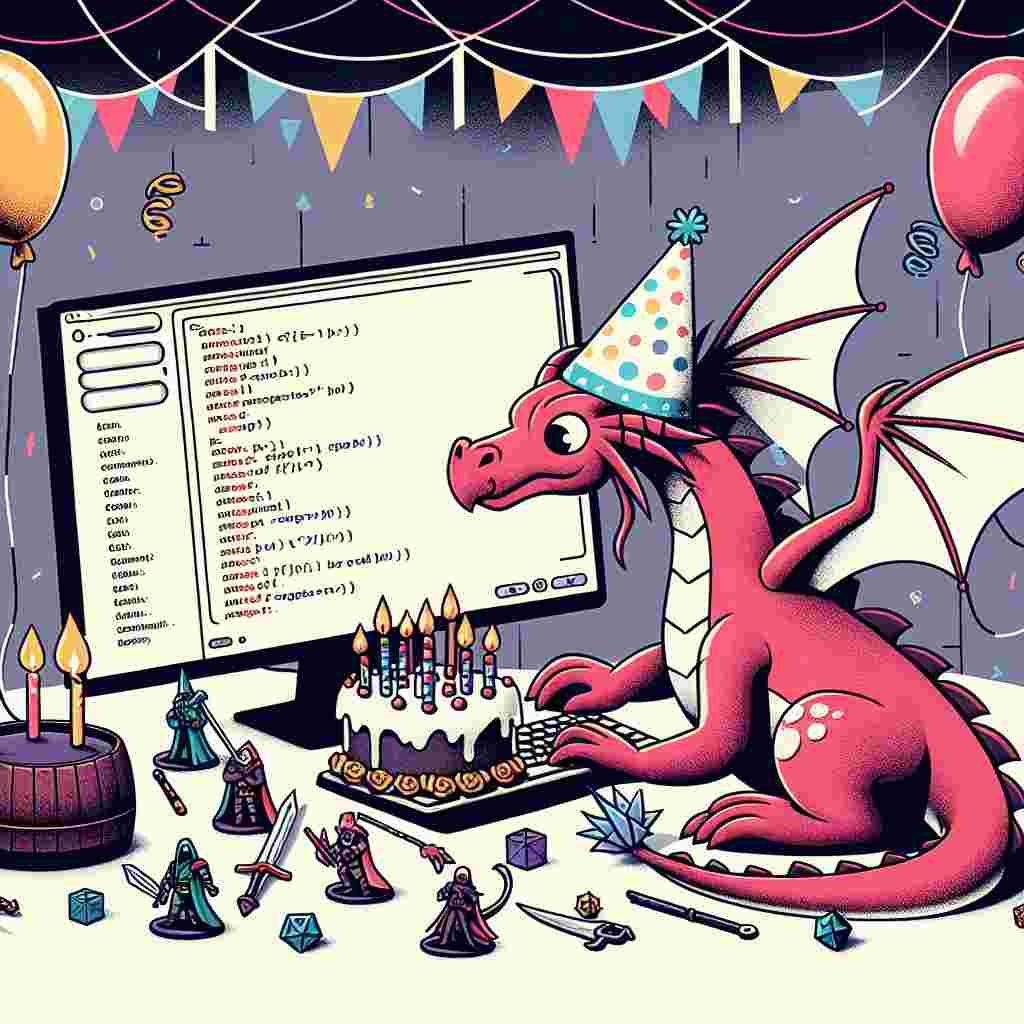 Design a playful birthday image featuring a dragon donning a festive party hat while seated at a computer. This dragon appears focused on writing code, cheekily filled with references to renowned Dungeons and Dragons spells and personas. Surrounding this scene is an ambiance of celebration depicted by balloons and streamers. Next to the computer sits a fancy birthday cake, adorned with miniature figures from the said game. The candles adorning the cake are ingeniously crafted to resemble miniature swords and shields.
Generated with these themes: Dungeons and dragons , and Coding.
Made with ❤️ by AI.