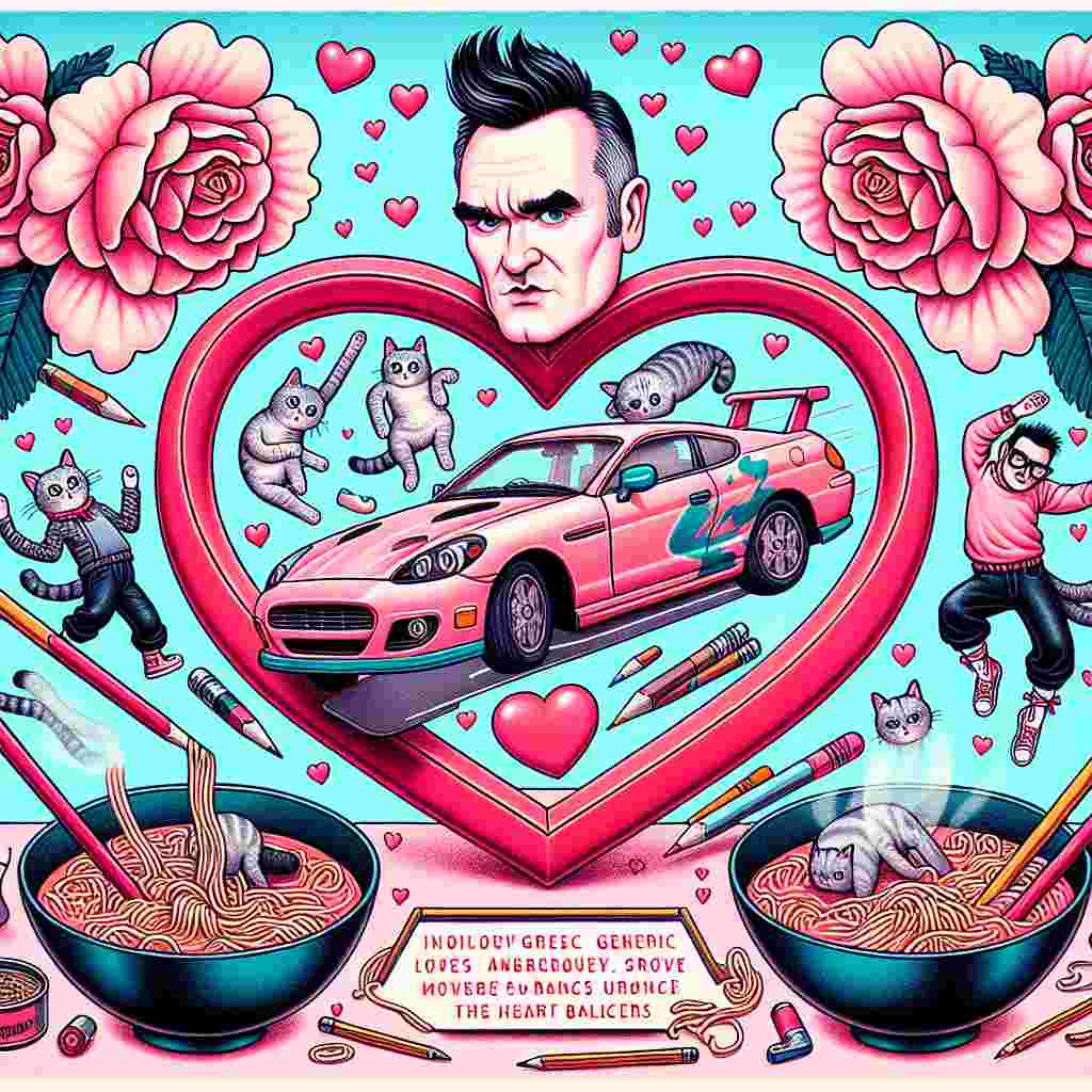 A fanciful, cartoon-like illustration embodying Valentine's Day with an eccentricity. At the heart is a miniature car race around a heart-shaped track. Instead of Morrissey's character, think of an animated generic rock-and-roll singer performing love ballads from a retro portable music player. In the backdrop, cats wearing pink ribbons prance and manoeuvre through the rhythm of break-dancers. The image is framed by large cherry blossom flowers, implying a Japanese aesthetic. Included within this fun environment are hot bowls of noodles, each garnished with a heart-shaped narutomaki, and the surrounding edges of the scene are covered with pencils and paintbrushes. This scene celebrates the art that breathes life into love.
Generated with these themes: Model cars, Morrissey, cats, break dancing, Japan, noodles, art.
Made with ❤️ by AI.