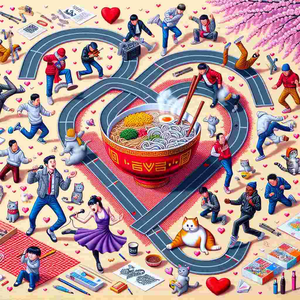 A lively scene captures Valentine's day festivities with an unusual twist. Miniature model cars race on intertwined tracks spelling out the word 'LOVE'. To the side, an illustrative figure resembling a 1980s British indie band singer serenades, surrounded by cats with heart-shaped eyes rhythmically tapping their paws. Caricatures of break dancers, characterized by diverse nationalities, demonstrate their moves underneath a shower of cherry blossoms, representing Japan. Bubbling ramen bowls are strategically placed on picnic blankets, their steam creating heart patterns mid-air. Scattered around are art supplies signifying the day's creativity. All elements are enclosed within a heart-shaped border, reinforcing the Valentine's day theme.
Generated with these themes: Model cars, Morrissey, cats, break dancing, Japan, noodles, art.
Made with ❤️ by AI.