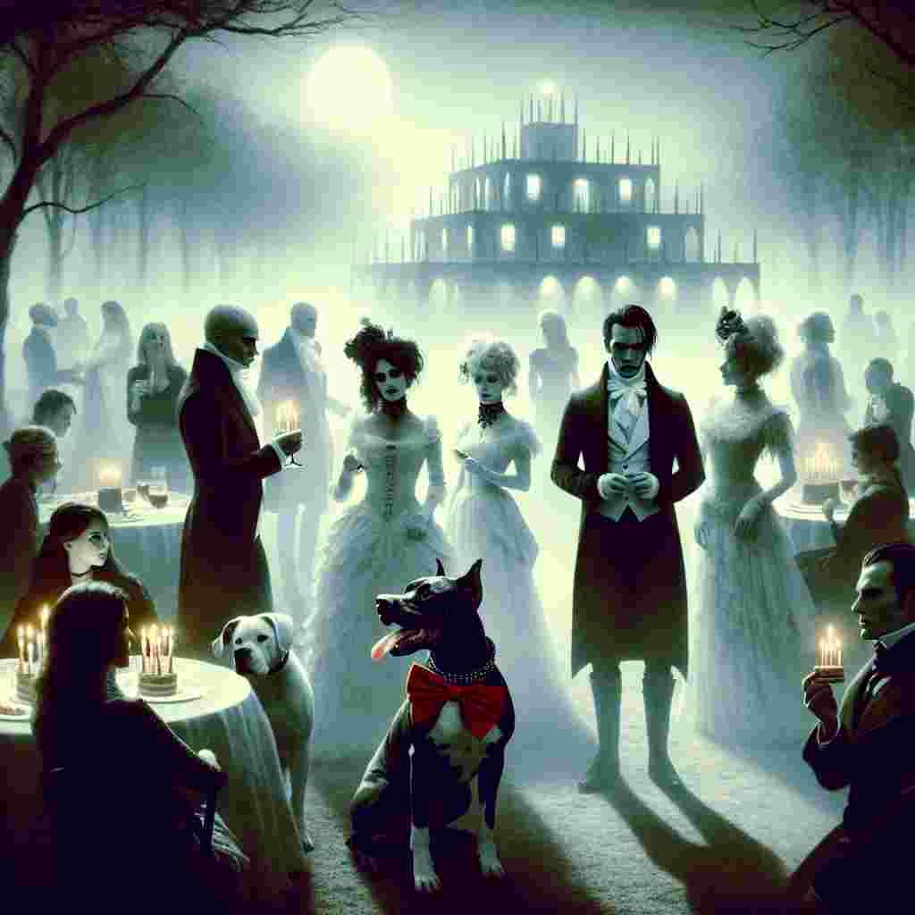 A surreal-realistic birthday scene with a vibe of gothic undertones. Picture a muted, moody landscape where a ghostly white venue is thinly veiled in mist. Visitors exhibiting characteristics associated with vampires, donned in elegant Victorian attire, are socializing. Their fangs glisten under the pale moonlight. Dark-eyed Dobermans with glossy black coats patrol the edges of the party. Highlighting the scene is a muscular Staffordshire Bull Terrier, who is of White descent and decorated with a vivid red bow, loyally accompanying the celebrant. This unusual gathering is a blend of fantastic and real elements, with shadows and silhouettes painting a hauntingly lovely picture of a birthday celebration.
Generated with these themes: Vampires, Doberman, White staffy , and Tim burton.
Made with ❤️ by AI.
