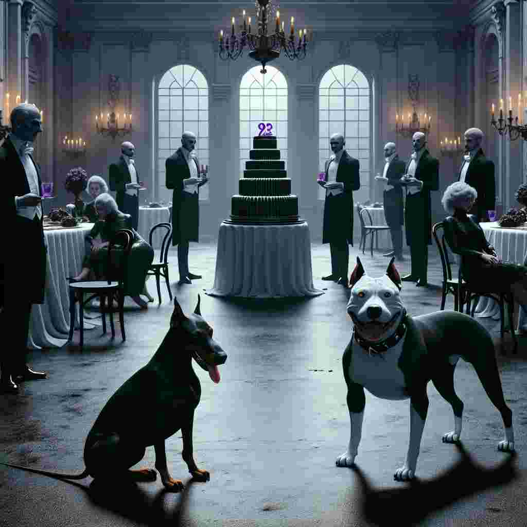 This scene depicts a unique blend of gothic surrealism and everyday life reminiscent of late 20th century dark fantasy cinema. Utilizing a color palette dominated by black and white, the surroundings are a stark combo of light and shadow. The attendees are drawn as sophisticated yet menacing vampires, exemplifying an eerie poise. A pair of imposing, midnight-black Dobermans still as statues guard the entranceway. In stark contrast, a white Staffordshire Bull Terrier with a distinctive black patch over one eye merrily roams among the guests, offsetting the grim color scheme. The setting masterfully amalgamates an unsettling sense of dark fantasy with the common festivities of a birthday celebration.
Generated with these themes: Vampires, Doberman, White staffy , and Tim burton.
Made with ❤️ by AI.