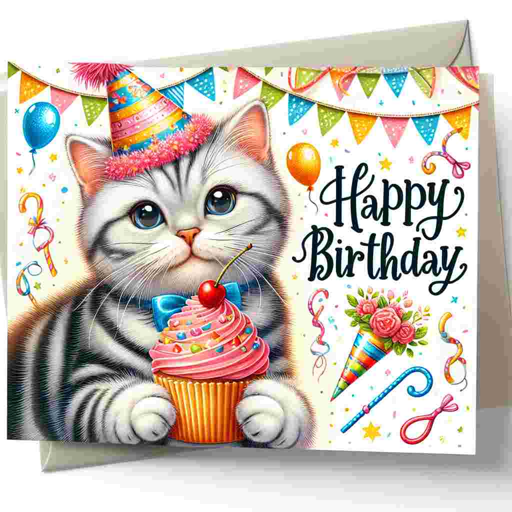 A playful American Wirehair holds a cupcake in its paw within the birthday card illustration. Party hats, whistles, and a 'Happy Birthday' garland draped across the top corner complete the festive scene.
Generated with these themes: American Wirehair Birthday Cards.
Made with ❤️ by AI.