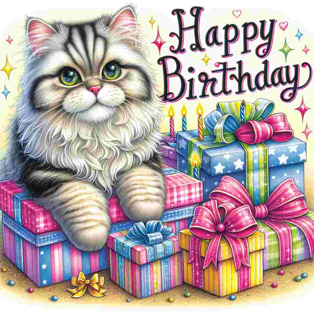An endearing birthday card scene where a fluffy American Wirehair sits atop a pile of gifts, each adorned with a bow. The cat's green eyes shine, and 'Happy Birthday' is spelled out in bold, cheerful script above.
Generated with these themes: American Wirehair Birthday Cards.
Made with ❤️ by AI.