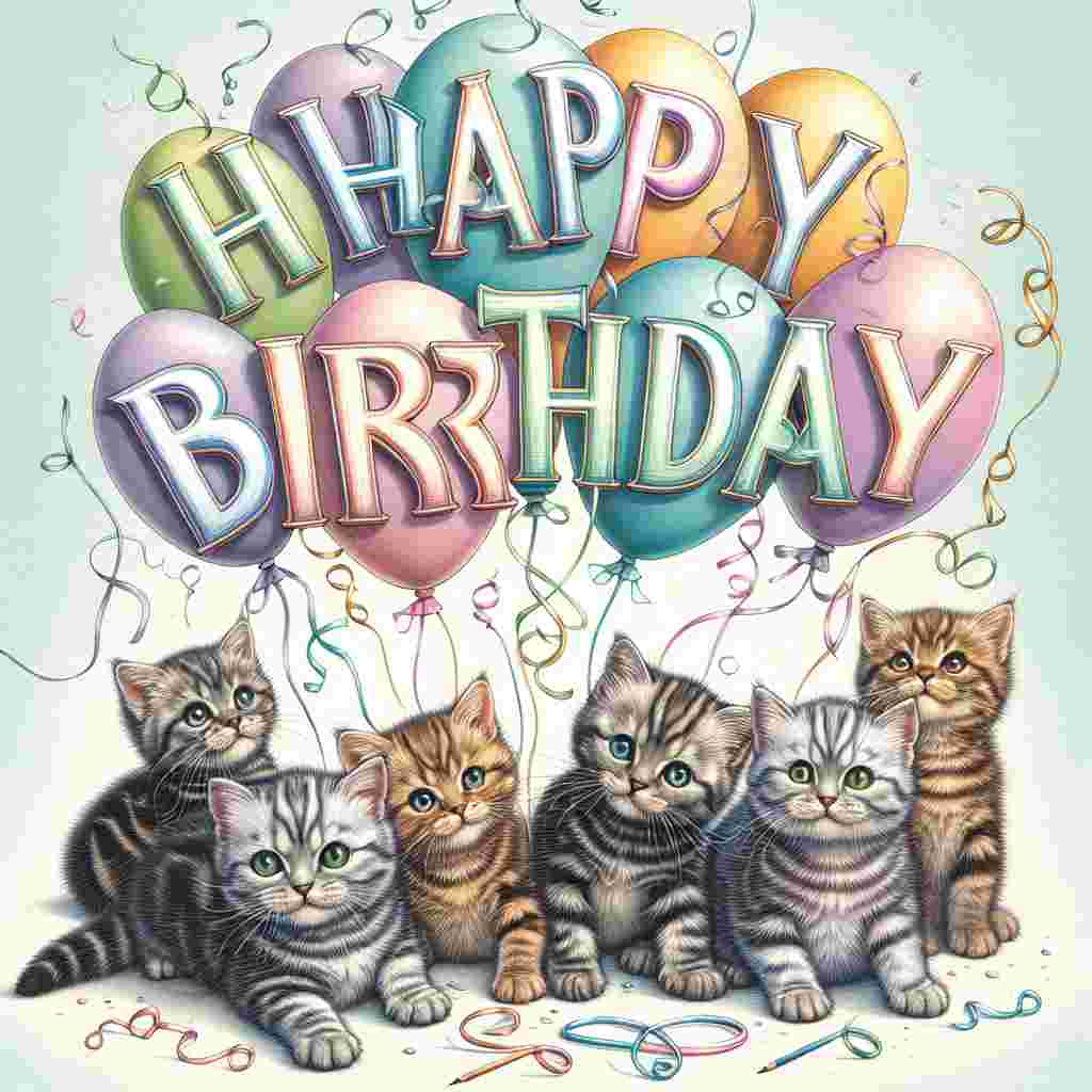 This cheerful birthday card showcases a group of American Wirehair kittens playing with party streamers, with a large 'Happy Birthday' text floating above them in a balloon-lettered style against a pastel background.
Generated with these themes: American Wirehair Birthday Cards.
Made with ❤️ by AI.