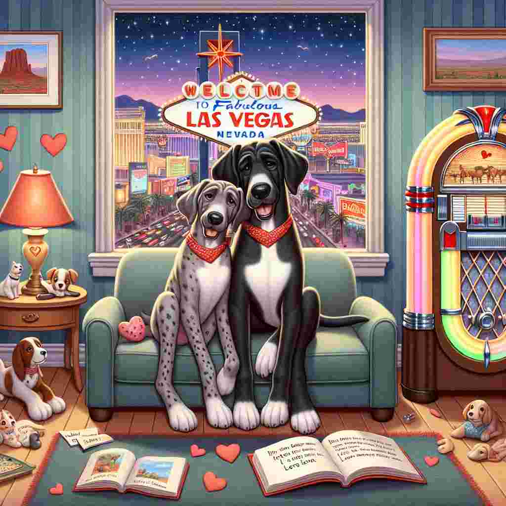 Create an adorable Valentine's Day cartoon featuring two Great Danes in love, sitting together on a love seat with a Las Vegas theme and surrounded by symbols of their affections. The background should represent the dazzling lights of the Las Vegas Strip. Softly playing in the room should be a vintage jukebox with country love ballads. On the floor, a canvas should display a half-painted scene of the desert outskirts of Las Vegas. Above them, on the windowsill, there should be a variety of little birds and an open birdwatching book propped open for reference.
Generated with these themes: Great Danes, Country Music, Bird Watching, Las Vegas, Painting .
Made with ❤️ by AI.