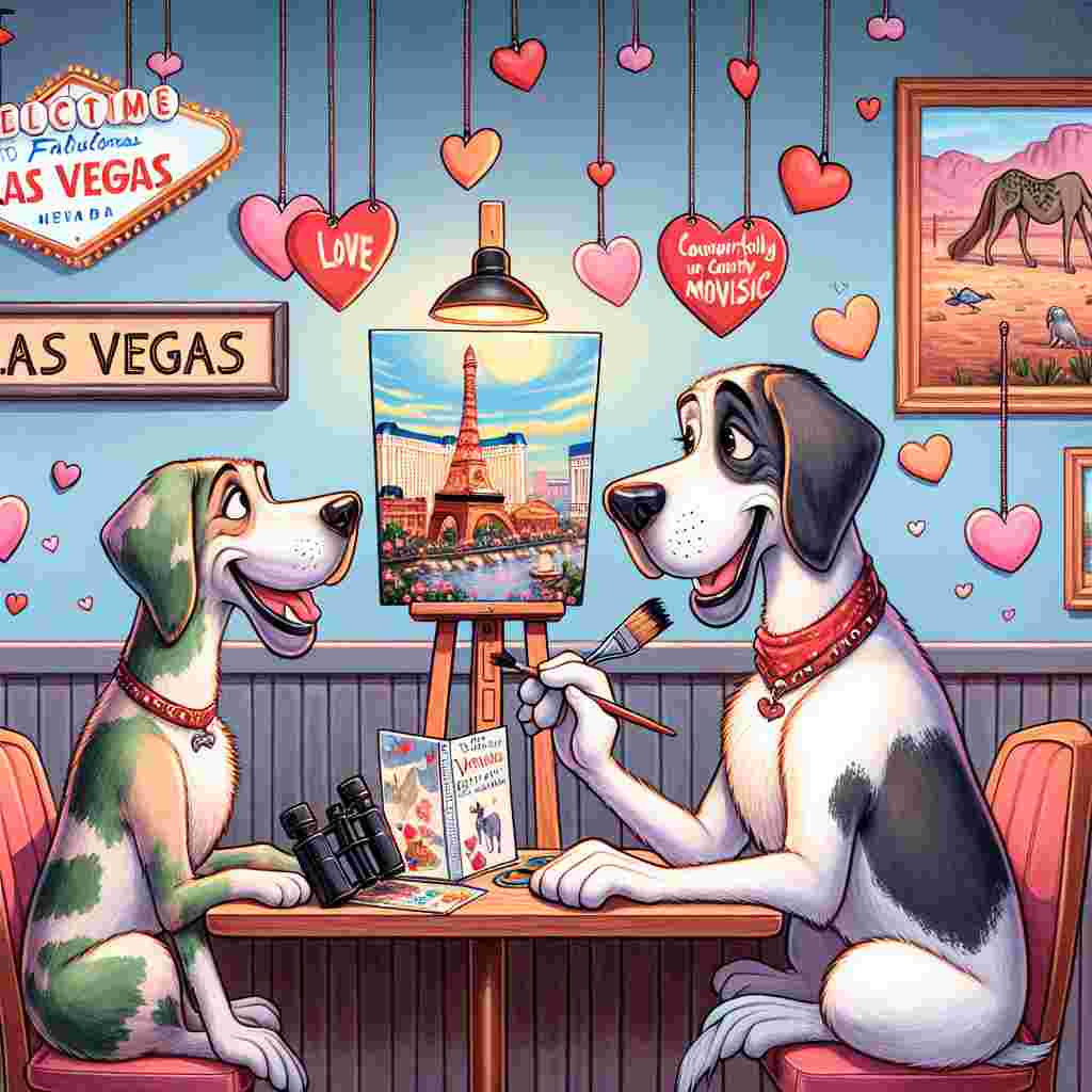Create a delightful cartoon illustration that depicts a Valentine's Day scene. This narrative includes two Great Danes, enamored and exchanging glances inside a comfortable cafe located in Las Vegas. Surrounding them, the intangible but implied ambiance of country music radiates. The canines sit beneath a decoration of hanging hearts, where one of them exhibits its creative flair, gripping a paintbrush with an easel in close proximity. The easel displays a bright, lively painting of the Las Vegas skyline. An extra detail to note on the table between them: a pair of binoculars, comfortably residing next to a guidebook for birdwatching, a symbol of a mutual interest they share.
Generated with these themes: Great Danes, Country Music, Bird Watching, Las Vegas, Painting .
Made with ❤️ by AI.