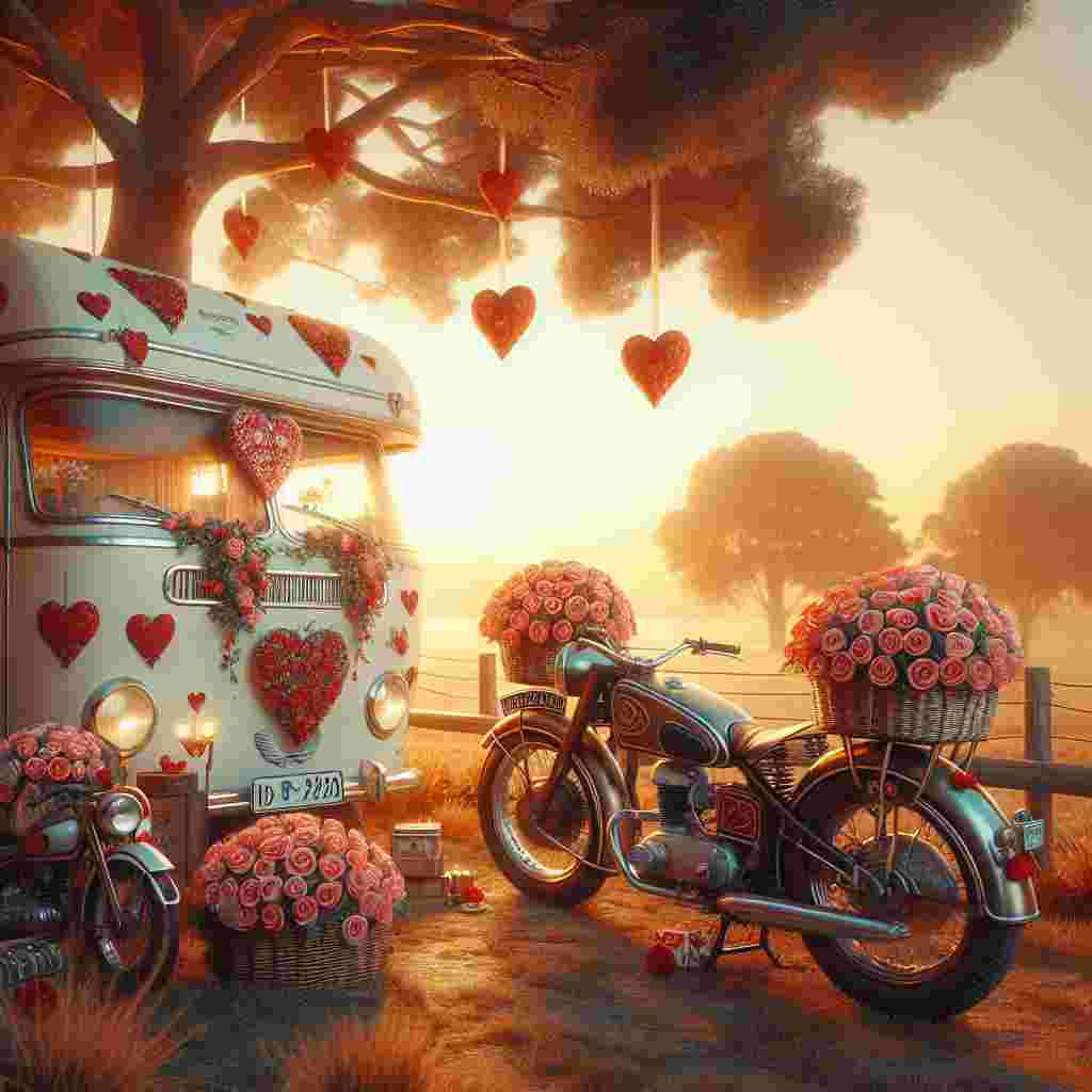 Imagine a nostalgic scene with a charming motorhome in the backdrop, decorated with whimsical heart patterns symbolizing festivity. In the foreground, two antique motorbikes, each equipped with a basket filled with abundant red roses and Valentine's Day sweets, are positioned by a lone tree. The setting sun drapes the entire scene in a golden blanket of light, bringing an atmosphere of romantic escapade and snugness.
Generated with these themes: Motorbikes, and Motorhome.
Made with ❤️ by AI.