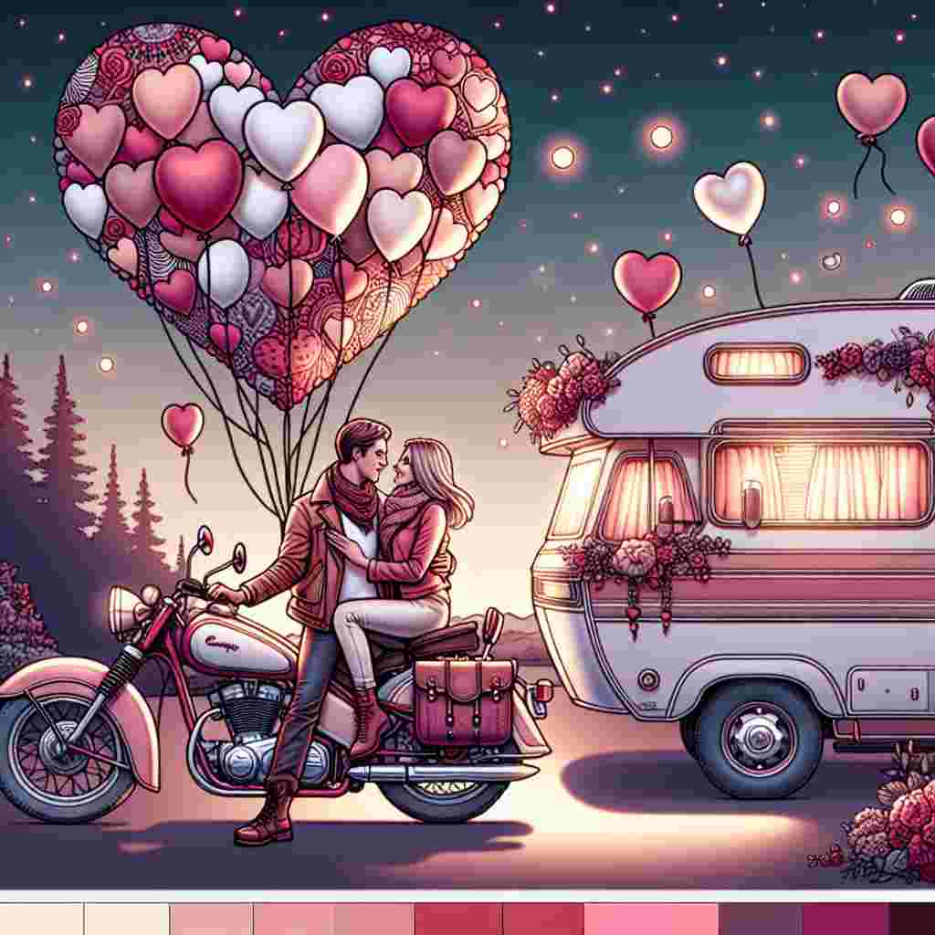 Create an image depicting a charming Valentine's Day scene. In the center, there is a Caucasian man and a Middle-Eastern woman expressing their love for each other on a classic motorbike. The motorbike is beautifully adorned with hearts and softly colored balloons. Further into the scene, their motorhome is parked, its outline subtly reminiscing the shape of a heart. The glow from its cozy lights radiates a warm, inviting feel in the dusky evening setting. The image colouring leans towards a palette mix of soft reds, pinks, and whites, truly emphasizing love and companionship.
Generated with these themes: Motorbikes, and Motorhome.
Made with ❤️ by AI.