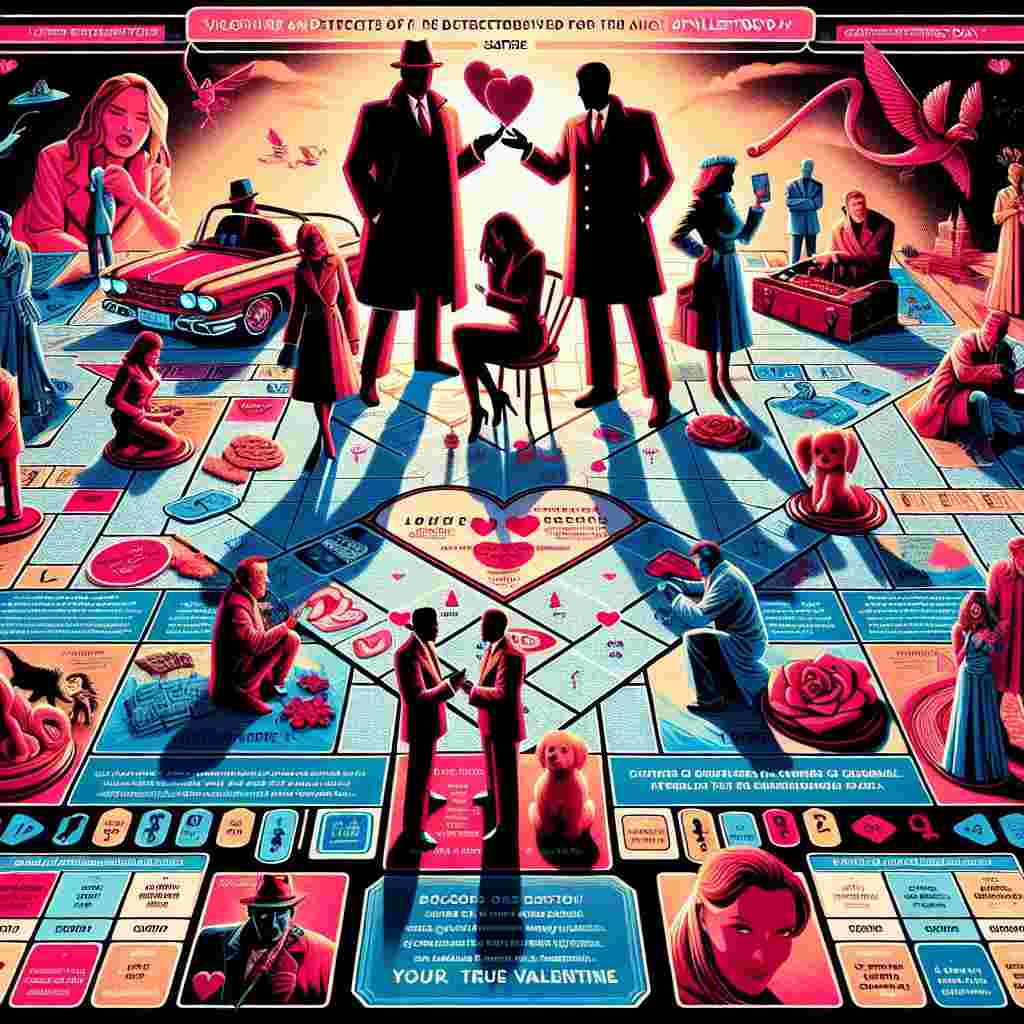 Visualize an intriguing board game designed for Valentine's Day. It combines elements of realism with a touch of whimsy. Players take on the roles of detectives of various descents and genders, navigating through an elaborate fantasy world reminiscent of traditional role-playing games. They solve love-themed riddles and travel across a game board adorned with iconic comic-style duos silhouetted against a colorful background. They collect clues in the form of musical notes and engage in diplomacy reminiscent of a common science fiction saga to bypass technological barriers. The players' ultimate goal is to discover their true Valentine, all while racing against the clock.
Generated with these themes: Board game, Dungeons and dragons, Marvel, DC, Music, Star wars, Computers, and Detectives.
Made with ❤️ by AI.