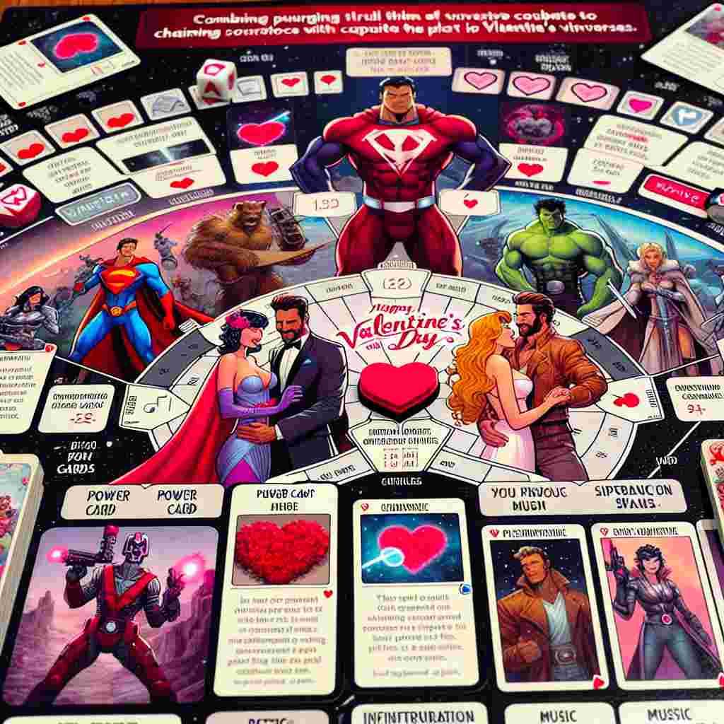 Visualize a board game dedicated to Valentine's Day combining the puzzle solving thrill of detective work with epic fantasy role-play elements akin to a popular tabletop role-playing game. Picture the playfield adorned with illustrations of renowned duos from notable superhero universes, with players embarking on a charming quest for love. This journey is enhanced by power cards themed around music. As they advance, they encounter characters from a famous space opera acting as love counselors, presenting challenges that test their virtual infiltration skills to capture the heart of their Valentine.
Generated with these themes: Board game, Dungeons and dragons, Marvel, DC, Music, Star wars, Computers, and Detectives.
Made with ❤️ by AI.