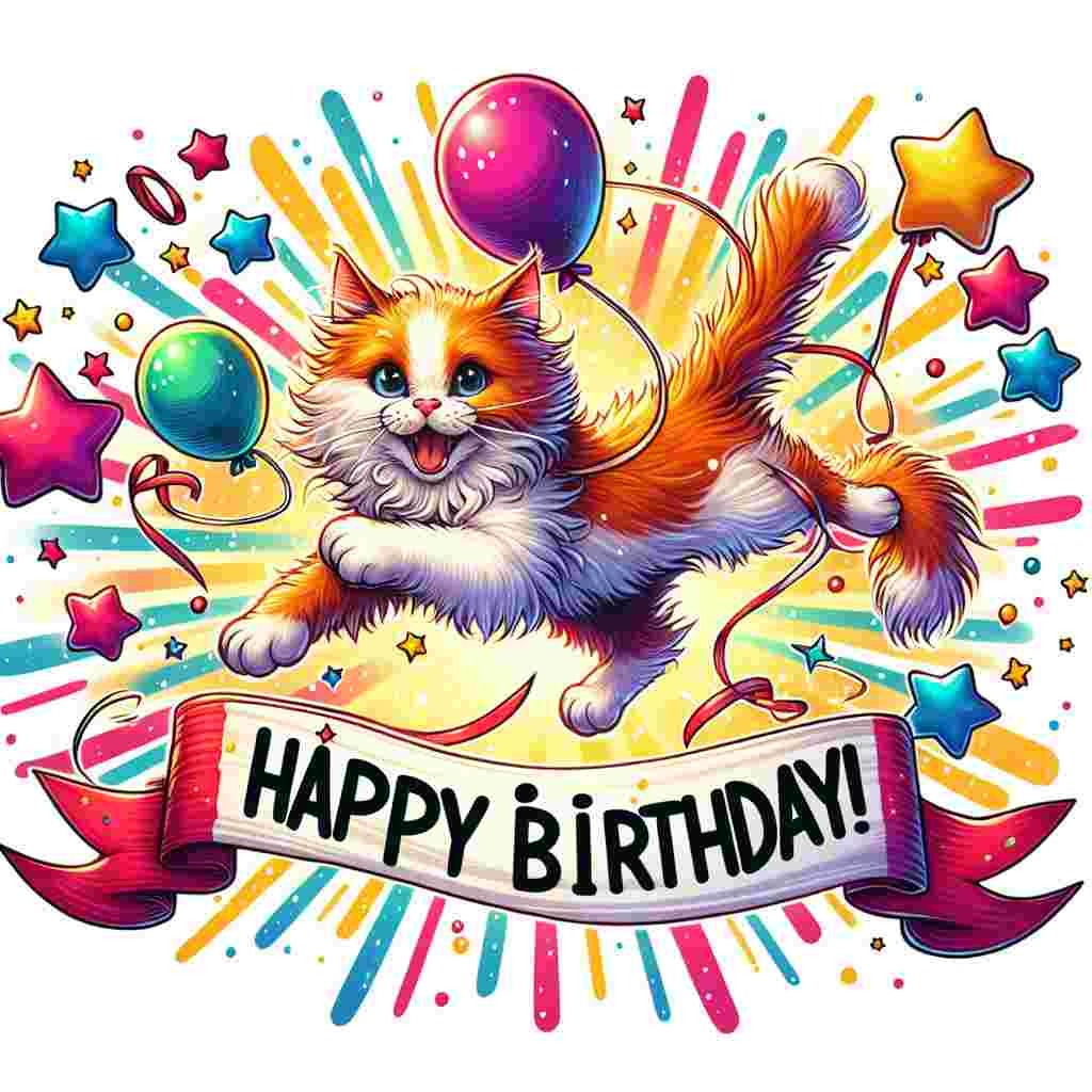 A cartoon-style illustration on a birthday card depicting a joyful Turkish Van cat leaping amidst a burst of stars and balloons. A banner flutters in the background, cheerfully displaying the message 'Happy Birthday' in vibrant, eye-catching colors.
Generated with these themes: Turkish Van Birthday Cards.
Made with ❤️ by AI.