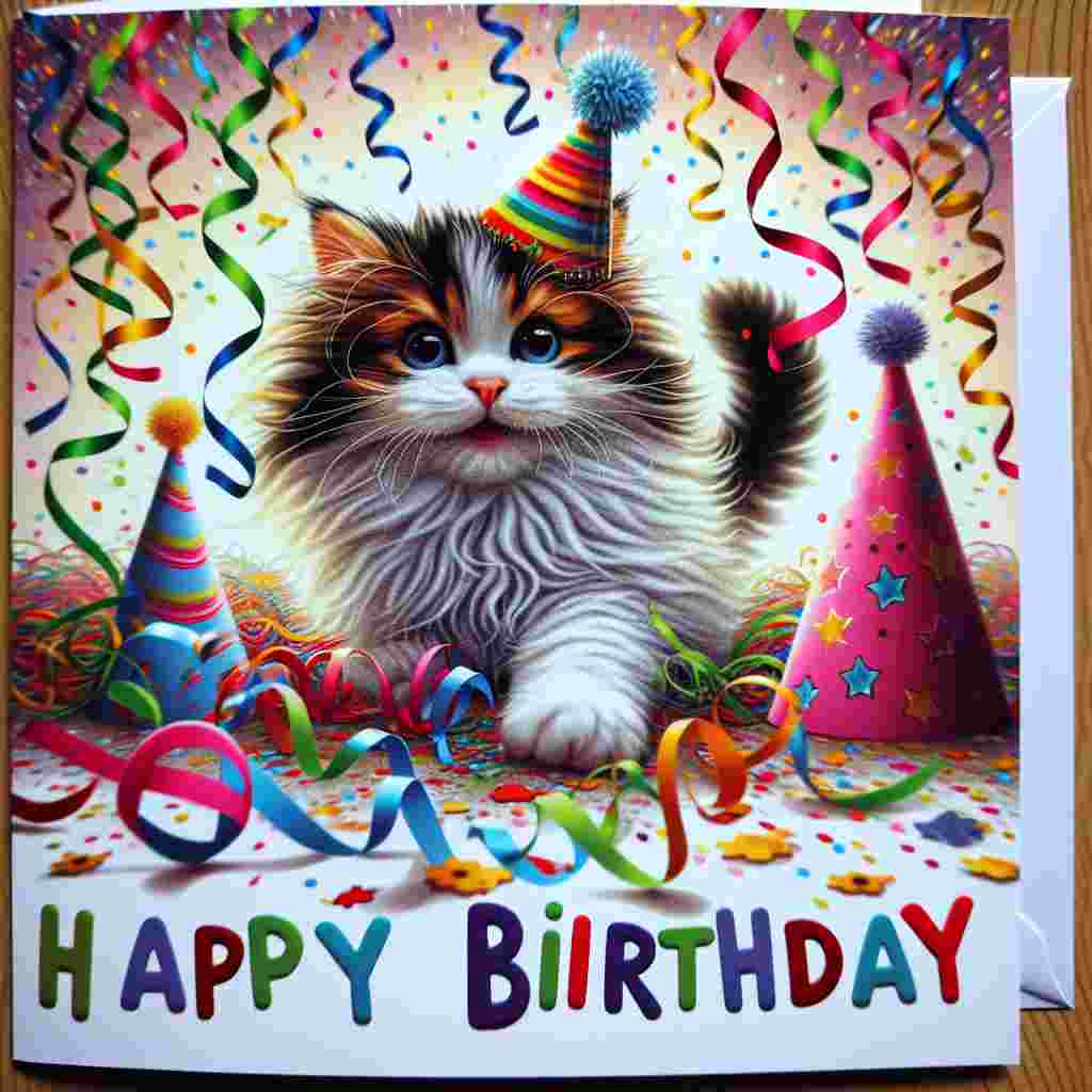 A playful birthday scene on a card showcasing a fluffy Turkish Van cat with a mischievous smile, pawing at festive streamers. Birthday hats and confetti are scattered around, with 'Happy Birthday' written in playful, bold letters along the bottom.
Generated with these themes: Turkish Van Birthday Cards.
Made with ❤️ by AI.