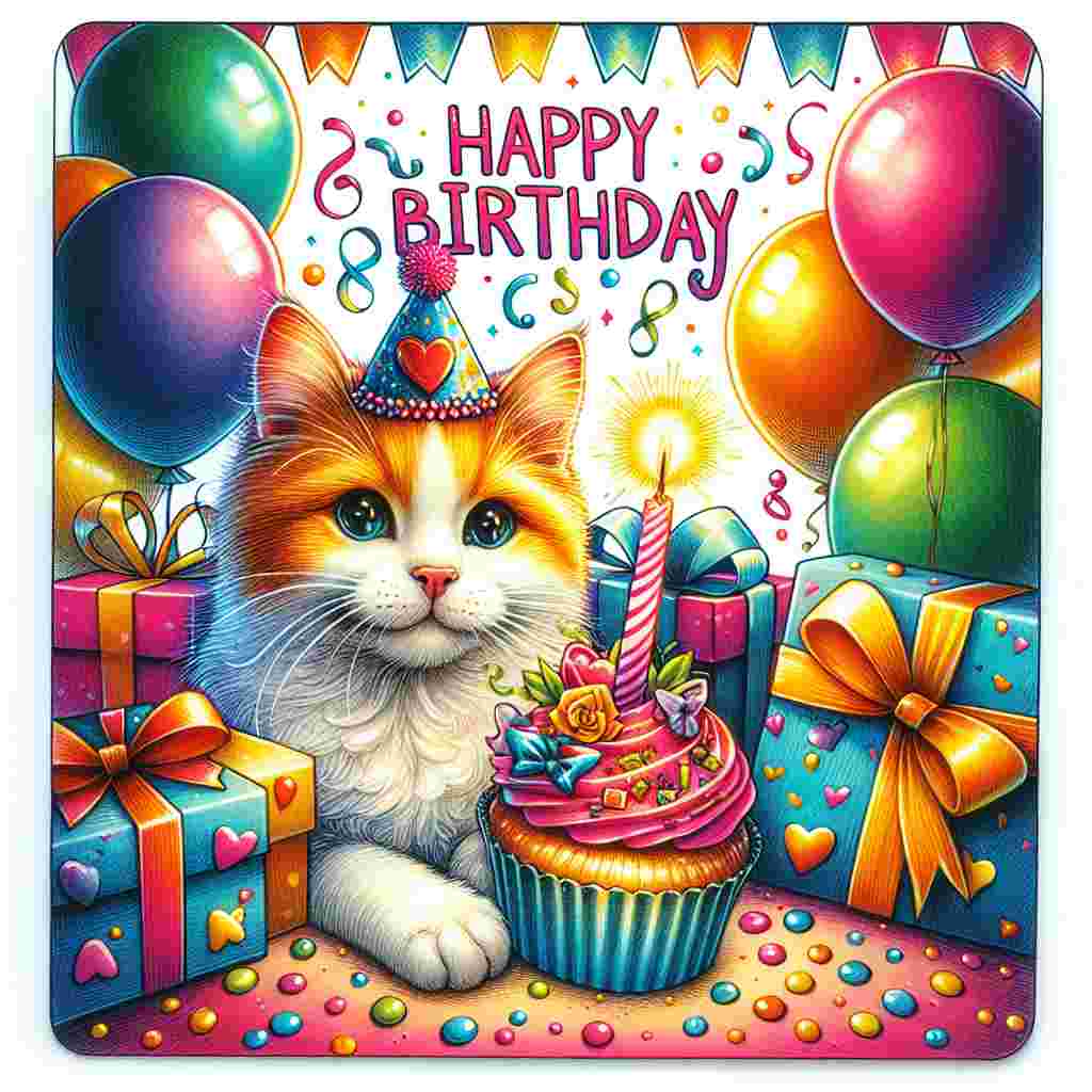 A colorful birthday card featuring an adorable Turkish Van cat wearing a party hat, surrounded by balloons and a cupcake with a single lit candle. The cat is sitting amidst wrapped presents, and the words 'Happy Birthday' are displayed prominently above.
Generated with these themes: Turkish Van Birthday Cards.
Made with ❤️ by AI.
