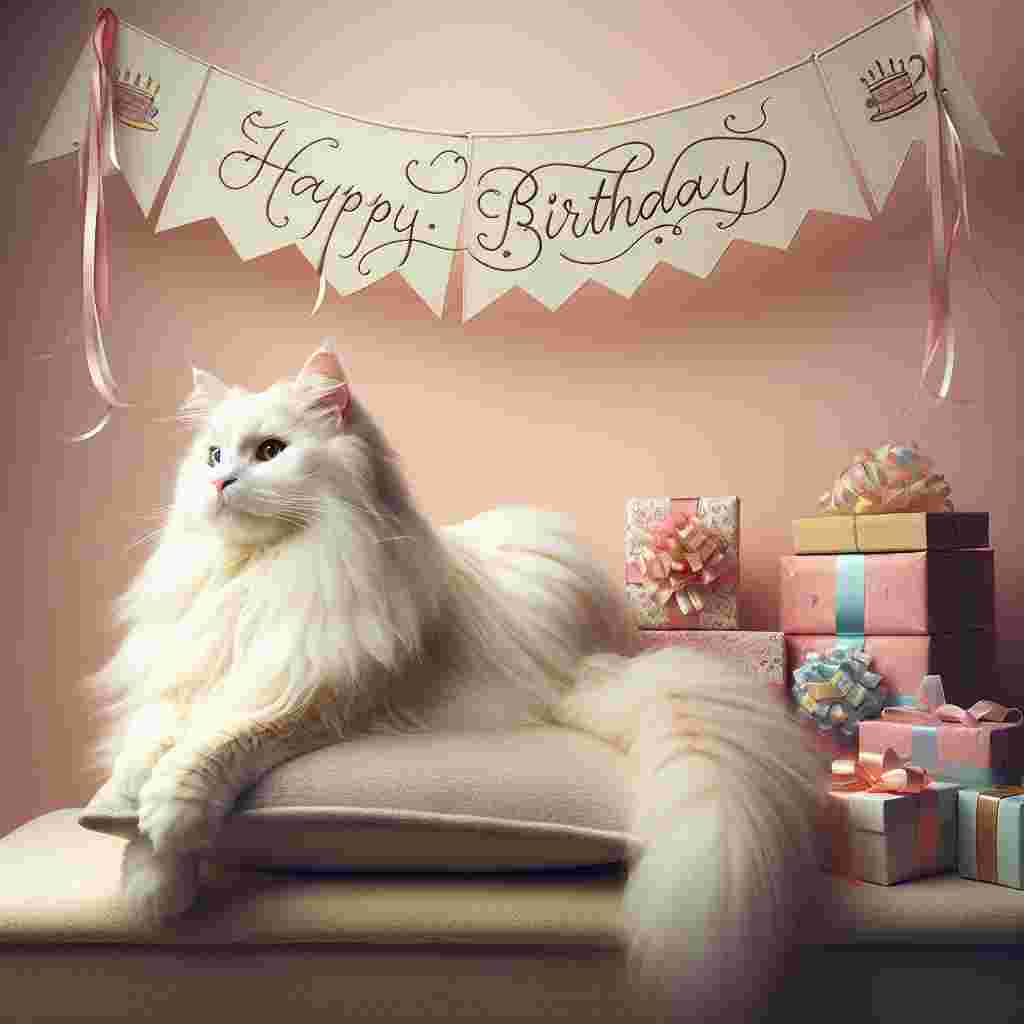 An elegant Turkish Van sitting regally on a cushion with a soft, pastel-hued background. The scene includes tastefully drawn gifts and a delicate banner above the cat's head that reads 'Happy Birthday' in cursive script.
Generated with these themes: Turkish Van Birthday Cards.
Made with ❤️ by AI.