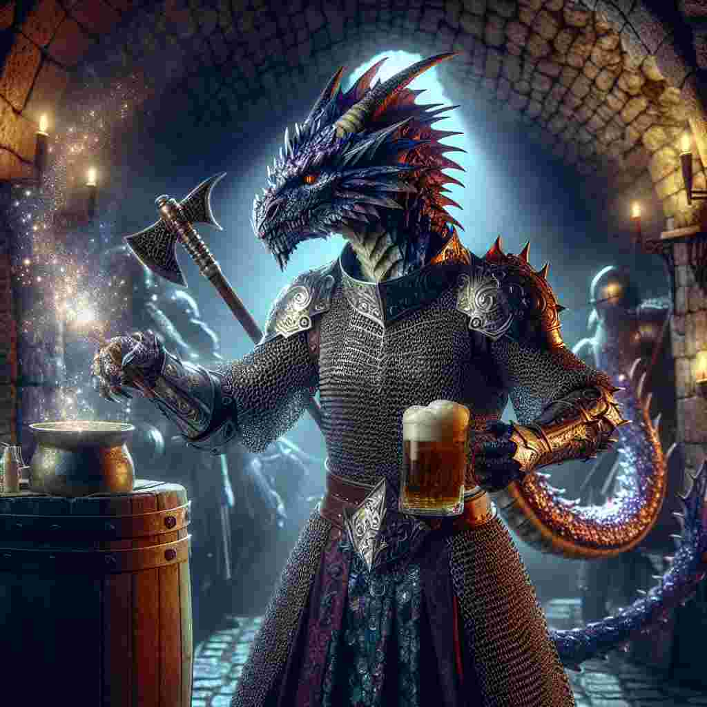 In a fantastical scene, a Hispanic humanoid female dragon is standing in a dimly lit medieval dungeon that resonates with eccentricity. She is marking her birthday in her own surreal, distinctive manner. Bathed in glimmering chainmail armor, it reflects the mystic purple and blue hues of her textured scales. Her imposing horns and elongated dragon tail stand out sharply against the backdrop of ancient stonework. In one hand, she brandishes a fearsome battleaxe, and in the other, she holds a pitcher of frothy beer. Sparks of electricity crackle from her eyes illuminating the dungeon with a raw intensity. Surrounding her, the faint hints of a larger, unseen battle serve as a reminder of the violence ingrained in her existence.
Generated with these themes: Humanoid dragon female, Horns, Dragon tail, Purple and blue scales, Lightning, Chainmail armour, Battleaxe, Pitcher of beer, Dungeon, Fantasy, and Violence .
Made with ❤️ by AI.