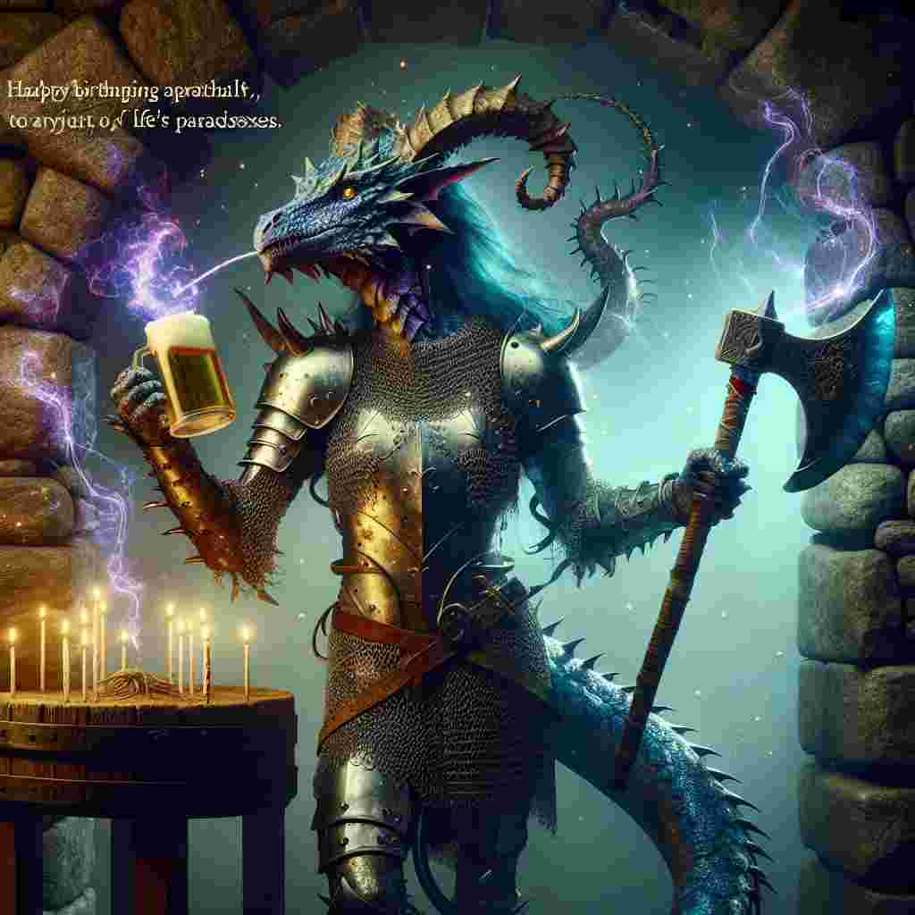 In a world pulsating with fantasy and the surreal, an age-old stone dungeon becomes the site of a unique celebration. The birthday of a humanoid dragon female, characterized by her horns, a serpentine tail, and a mottled body of blue and purple scales, marks the occasion. She is a paragon of strength, dressed in shining silver chainmail, effortlessly grasping a humming ferocious battleaxe in one hand and nonchalantly holding a jug of beer in the other, toasting to life's paradoxes. Elusive strands of electricity shoot around her, their ominous glow reflecting off her armor, adding to her enigmatic charm. The mood though festive is thick with an essence of subtle, fantasy-fueled violence.
Generated with these themes: Humanoid dragon female, Horns, Dragon tail, Purple and blue scales, Lightning, Chainmail armour, Battleaxe, Pitcher of beer, Dungeon, Fantasy, and Violence .
Made with ❤️ by AI.