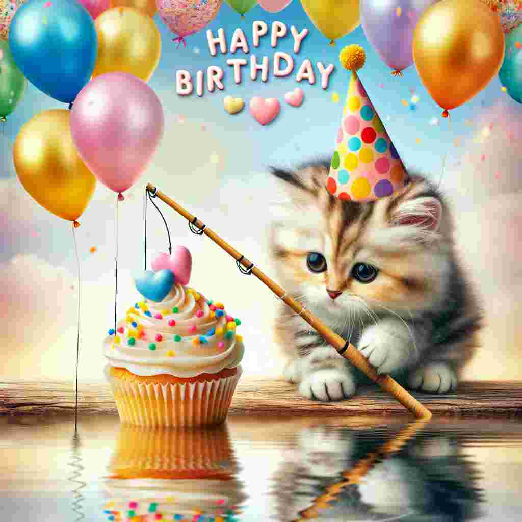 A whimsical birthday card illustrating a cute kitten in a party hat leaning over a pond, fishing rod in paw, with a cupcake on the hook. Colorful balloons float around, and 'Happy Birthday' is cheerfully inscribed above in bubbly font.
Generated with these themes: fishing  .
Made with ❤️ by AI.
