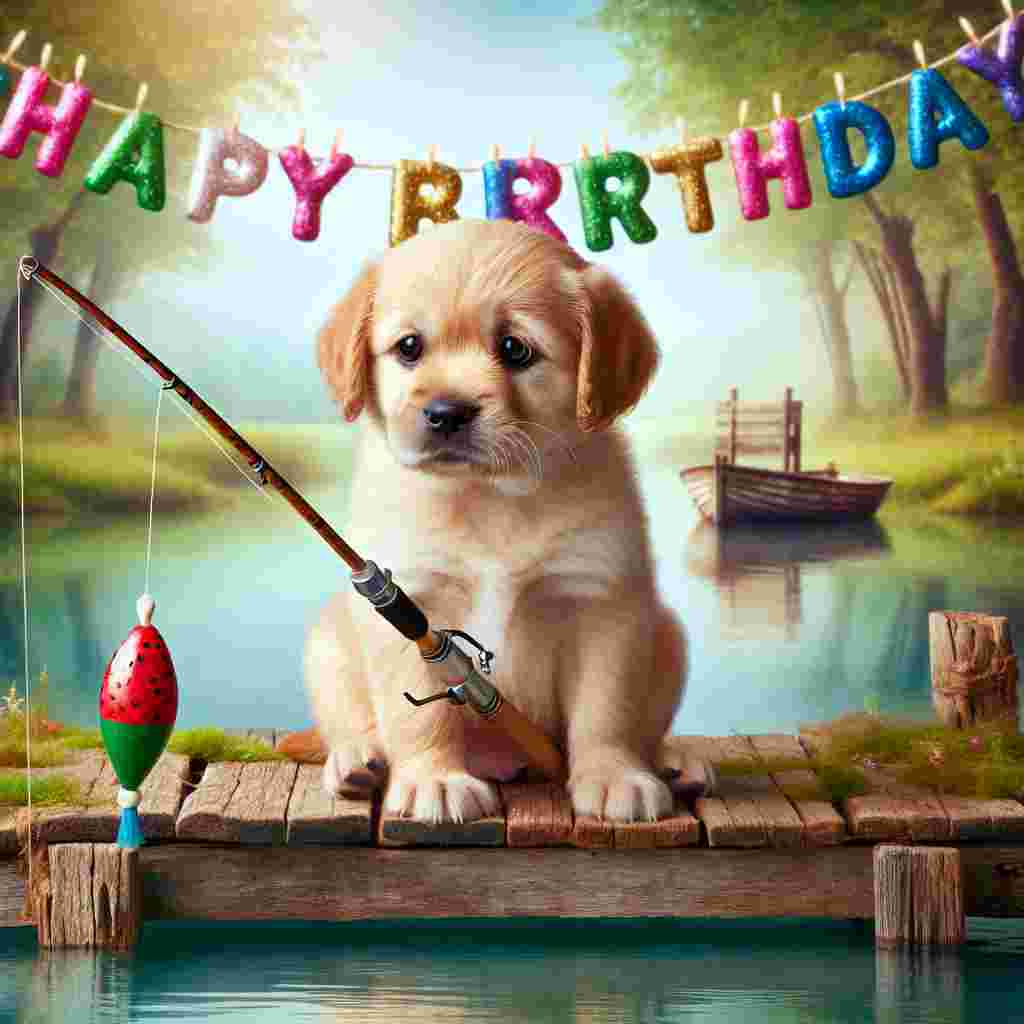 A heartwarming birthday image featuring a small puppy on a wooden dock, a fishing rod between its tiny paws, gazing with big, hopeful eyes at the bobber in the water. In the background, 'Happy Birthday' is spelled out with colorful letters strung across the trees.
Generated with these themes: fishing  .
Made with ❤️ by AI.