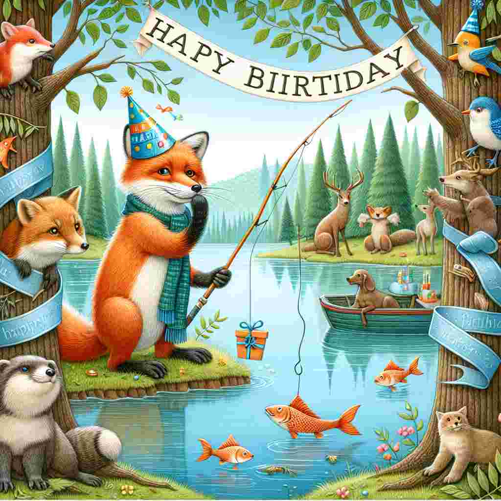 An adorable illustration showing a group of forest animals gathered around a clear blue lake; among them, a fox holds a fishing rod with a birthday hat perched atop his head. A banner with 'Happy Birthday' flutters between the trees.
Generated with these themes: fishing  .
Made with ❤️ by AI.